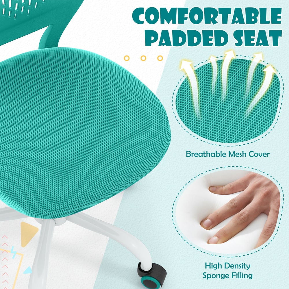 The kids chair seat cushion with close-up circles showing the mesh fabric and the soft foam padding