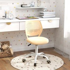 The yellow kids chair with adjustable height is placed next to a child's desk