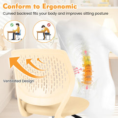 Close-up of the back of the yellow kids chair with adjustable height, highlighting its ventilated design