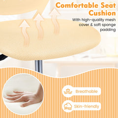 Close-up of the seat cushion of the yellow kids chair with adjustable height, showing its mesh cover