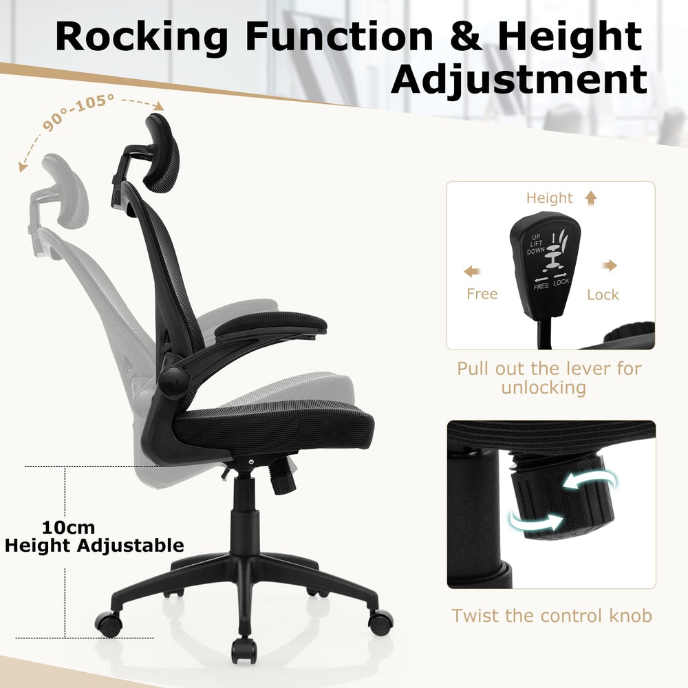 The office chair showing the rocking mechanism and close-ups of the height adjustment controls