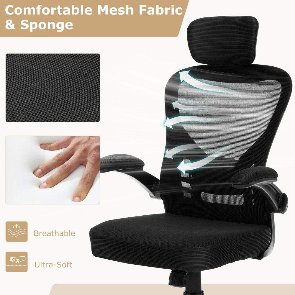 The office chair demonstrating the breathable mesh fabric and the soft sponge seat cushion