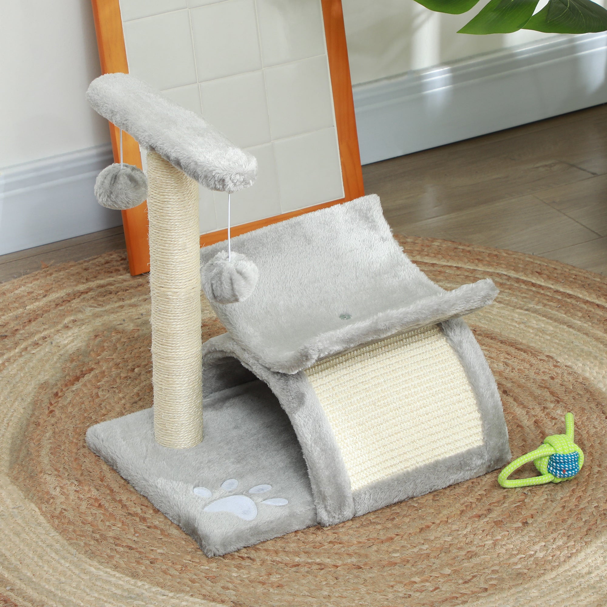 PawHut Cat Tree, Cat Tower for Kittens with Rotatable Top Bar, Sisal Scratching Post, Tunnel, Dangling Balls - Grey