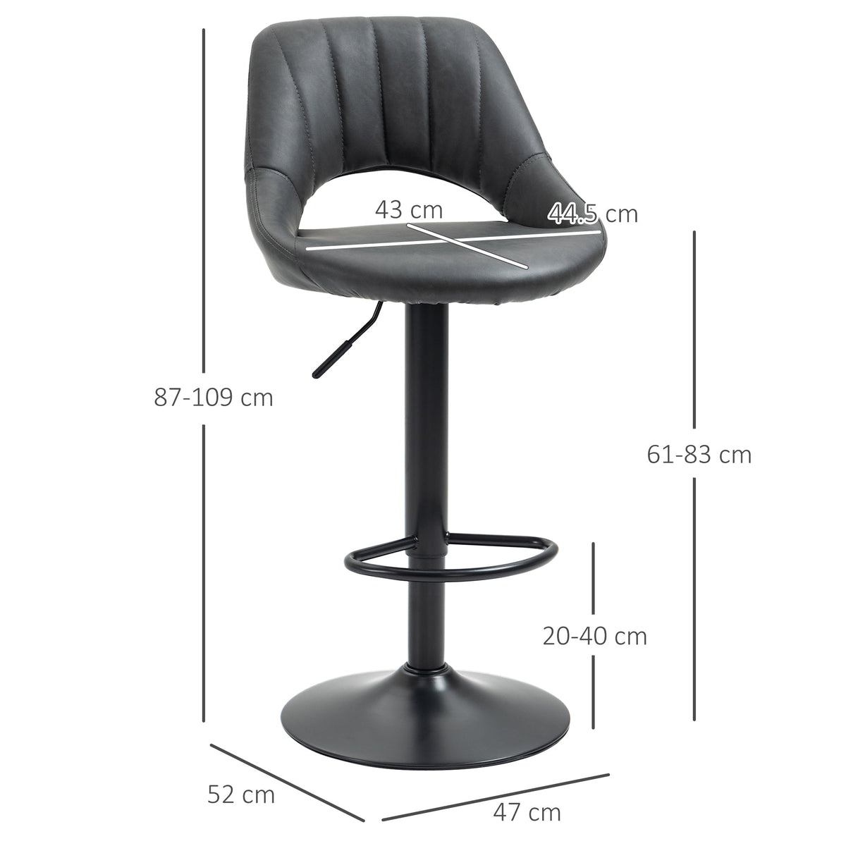 HOMCOM Bar Stools Set of 2, PU Leather Swivel Barstools with Backrest and Footrest for Kitchen, Counter, Breakfast Bar, Grey