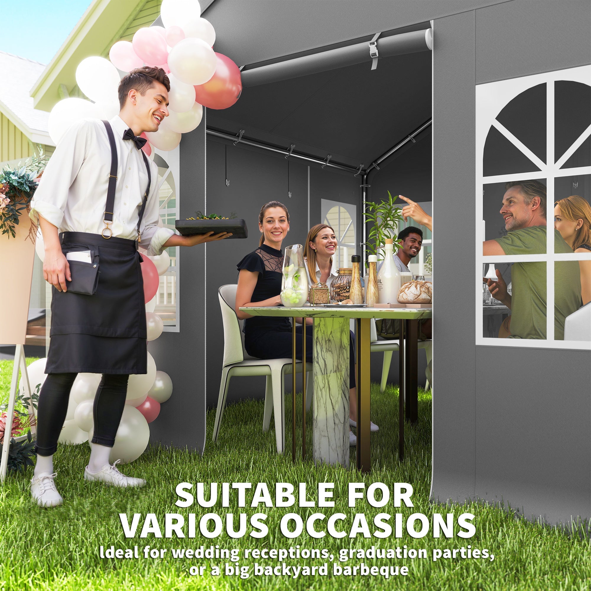 Outsunny 3 x 3 m Party Tent, Outdoor Canopy Tent Shelter with Removable Sidewalls, 4 Zipped Doors, for Parties, Wedding, Grey