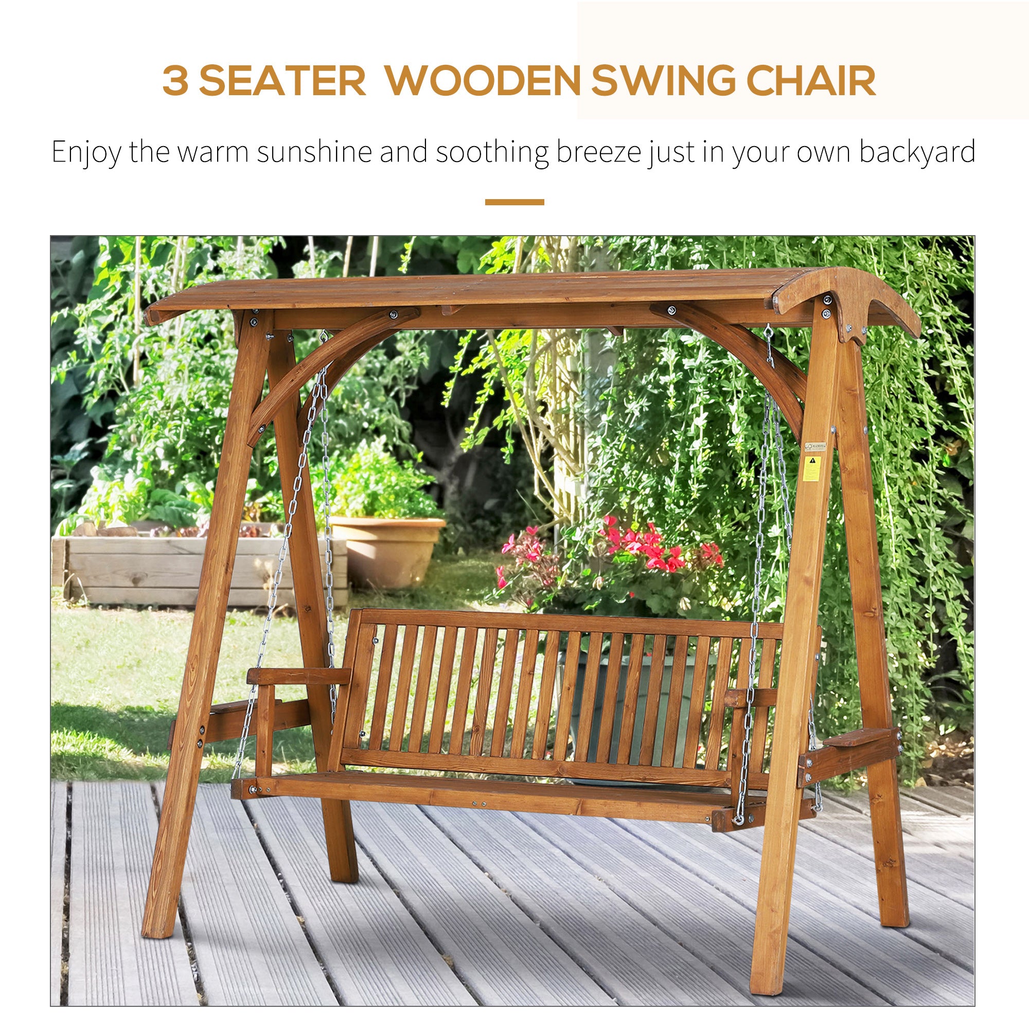 Outsunny 3 Seater Garden Swing Seat Wooden Swing Chair Hammock Bench Lounger with Canopy, Natural