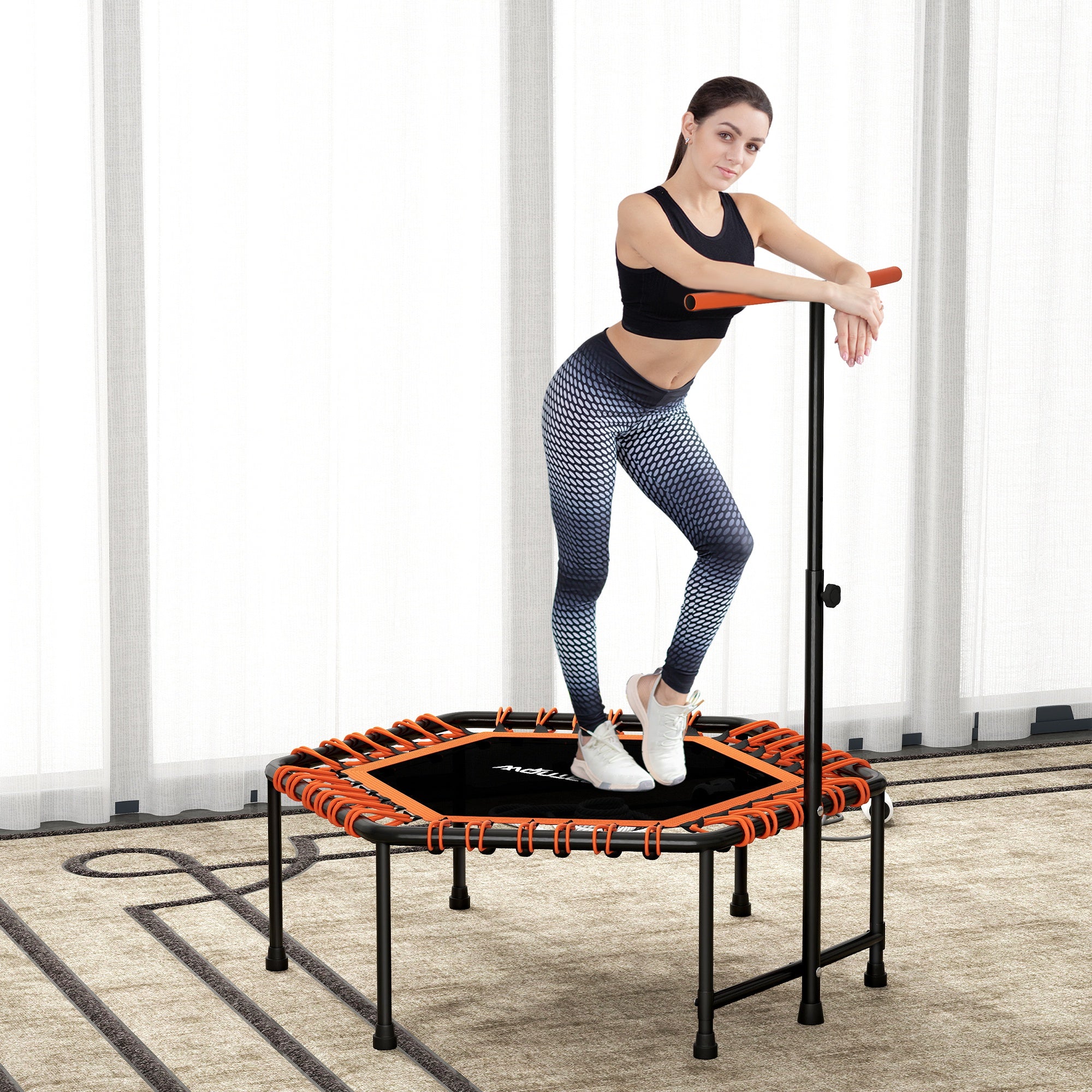 SPORTNOW 45" Rebounder Trampoline for Adults, Quiet Bungee Rebounder with LED Lights and Adjustable Handle, Orange