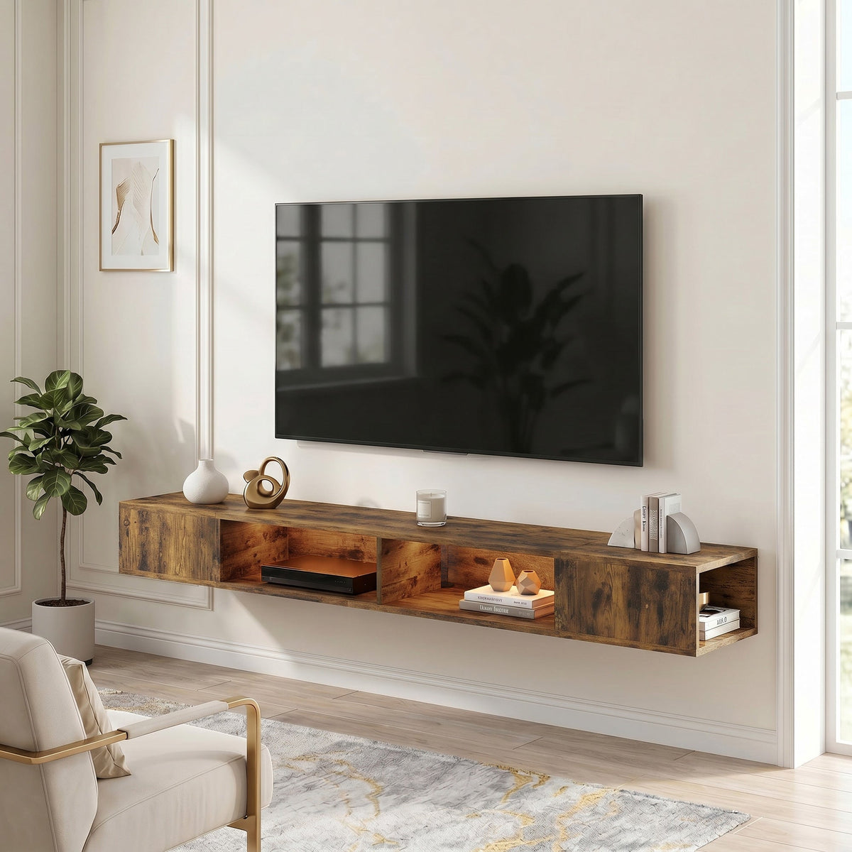 HOMCOM Wall Mounted TV Stand with RGB LED Lights, Floating Entertainment Centre for 75 Inch TV, Rustic Brown