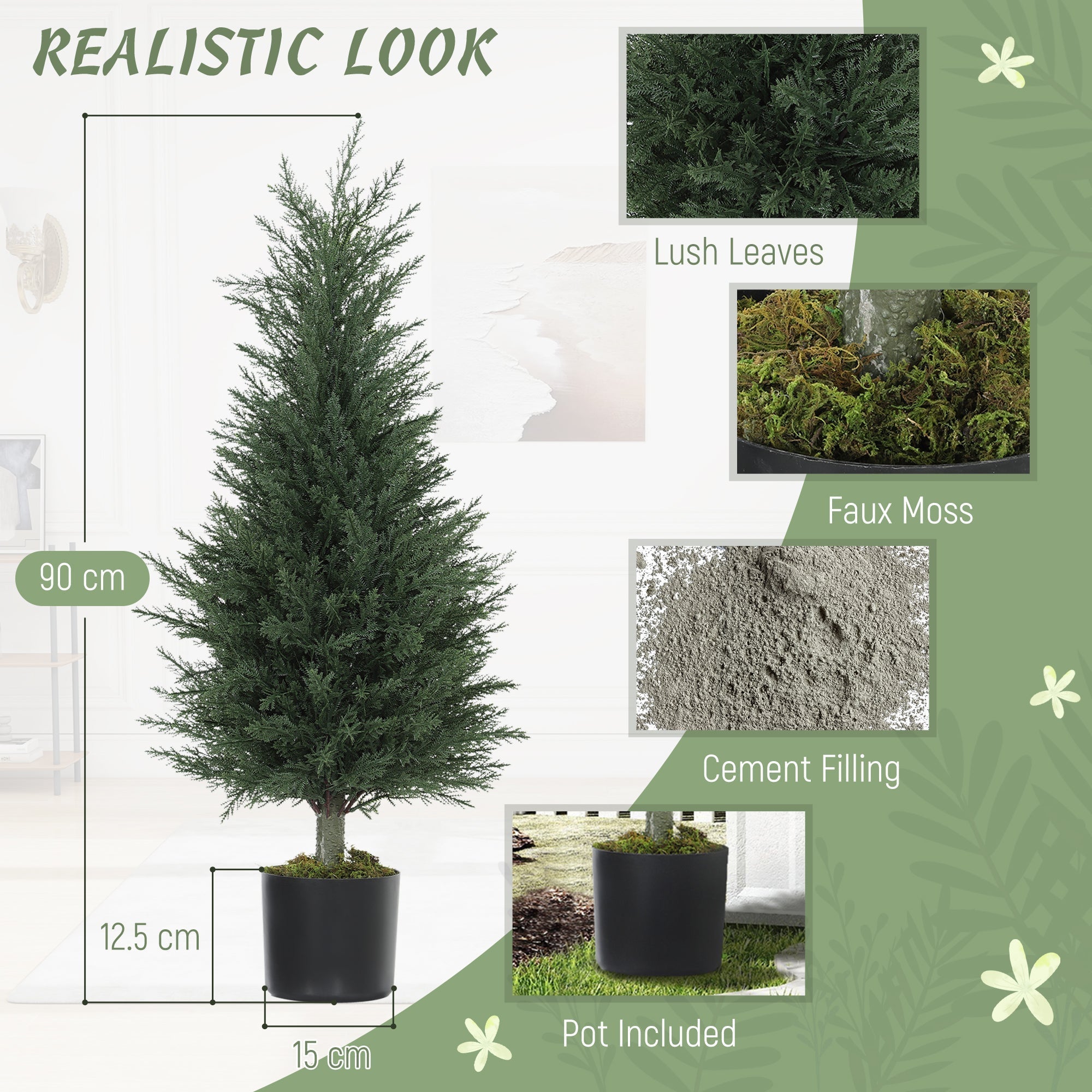 HOMCOM Artificial Plants Outdoor, 90 cm Fake Cypress Tree with Plastic Pots, UV-Resistant Faux Plants for Garden Front Porch Decoration, 2 Pack