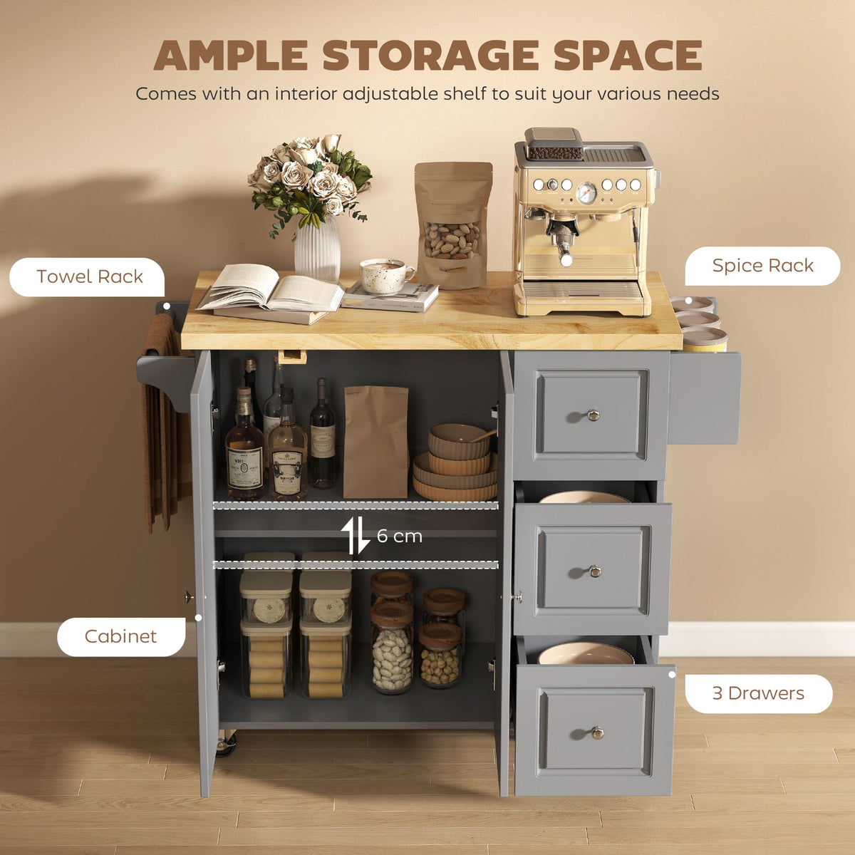HOMCOM Kitchen Island on Wheels, Rolling Kitchen Storage Trolley with Drop Leaf, Drawers, Towel and Spice Rack, Grey