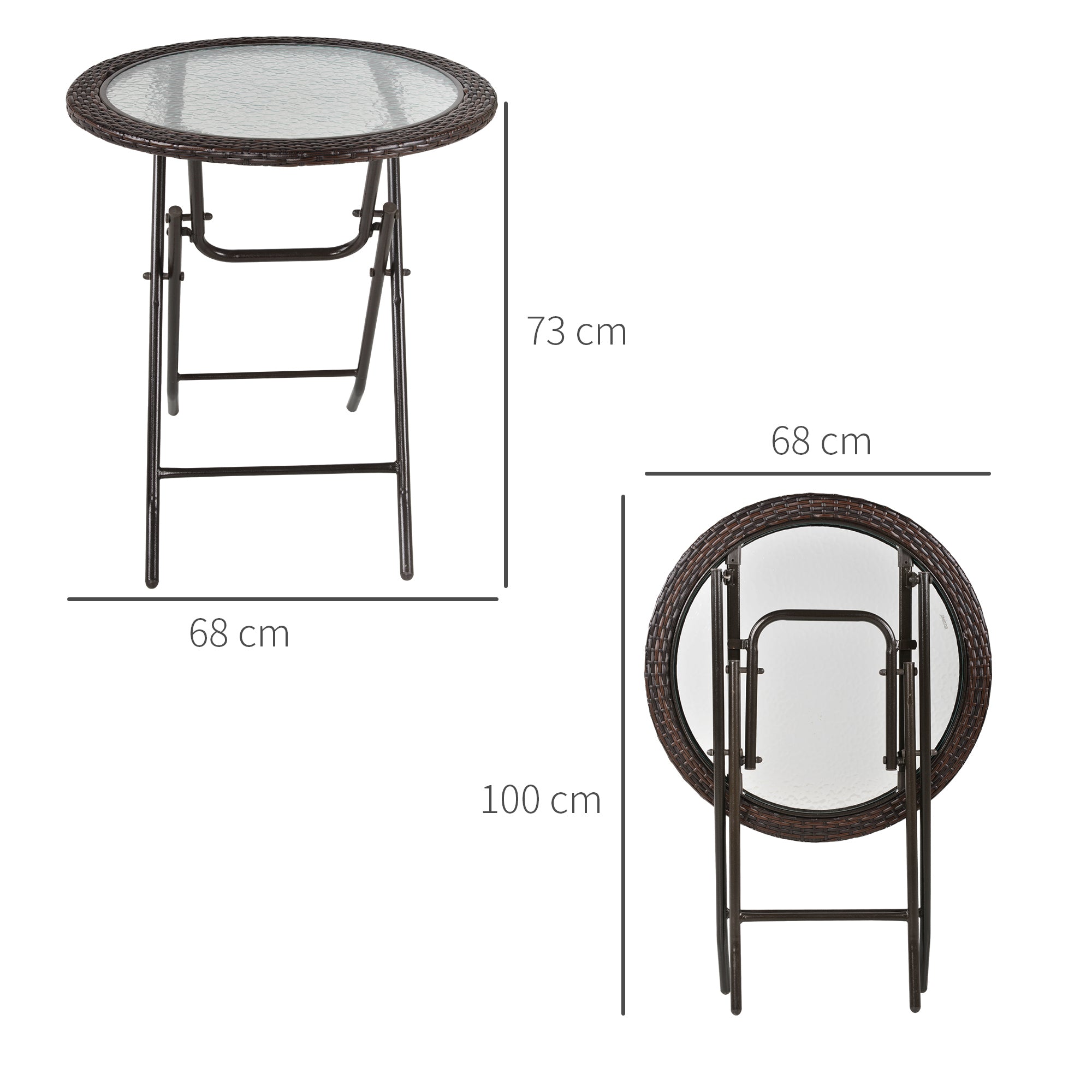 Outsunny Folding Rattan Garden Dining Table, 68 cm Round Rattan Garden Table with Water Ripple Tempered Glass Top, Wicker Edging and Steel Frame for Outdoor, Patio, Brown