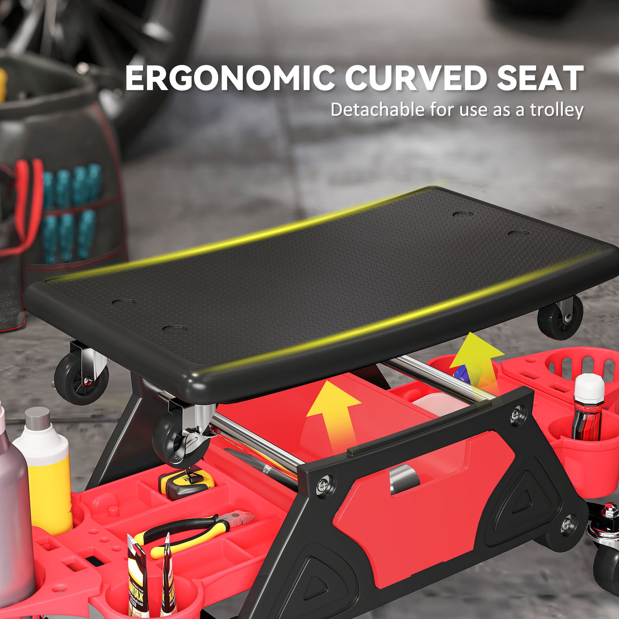 HOMCOM Rolling Mechanic Stool, 135kg Capacity Workshop Stool with 360√Ç¬∞ Swivel Wheels, Roller Creeper Seat with Slide Out Tool Trays, Drawer, Bottle Holders for Garage, Shop, Auto Repair, Red