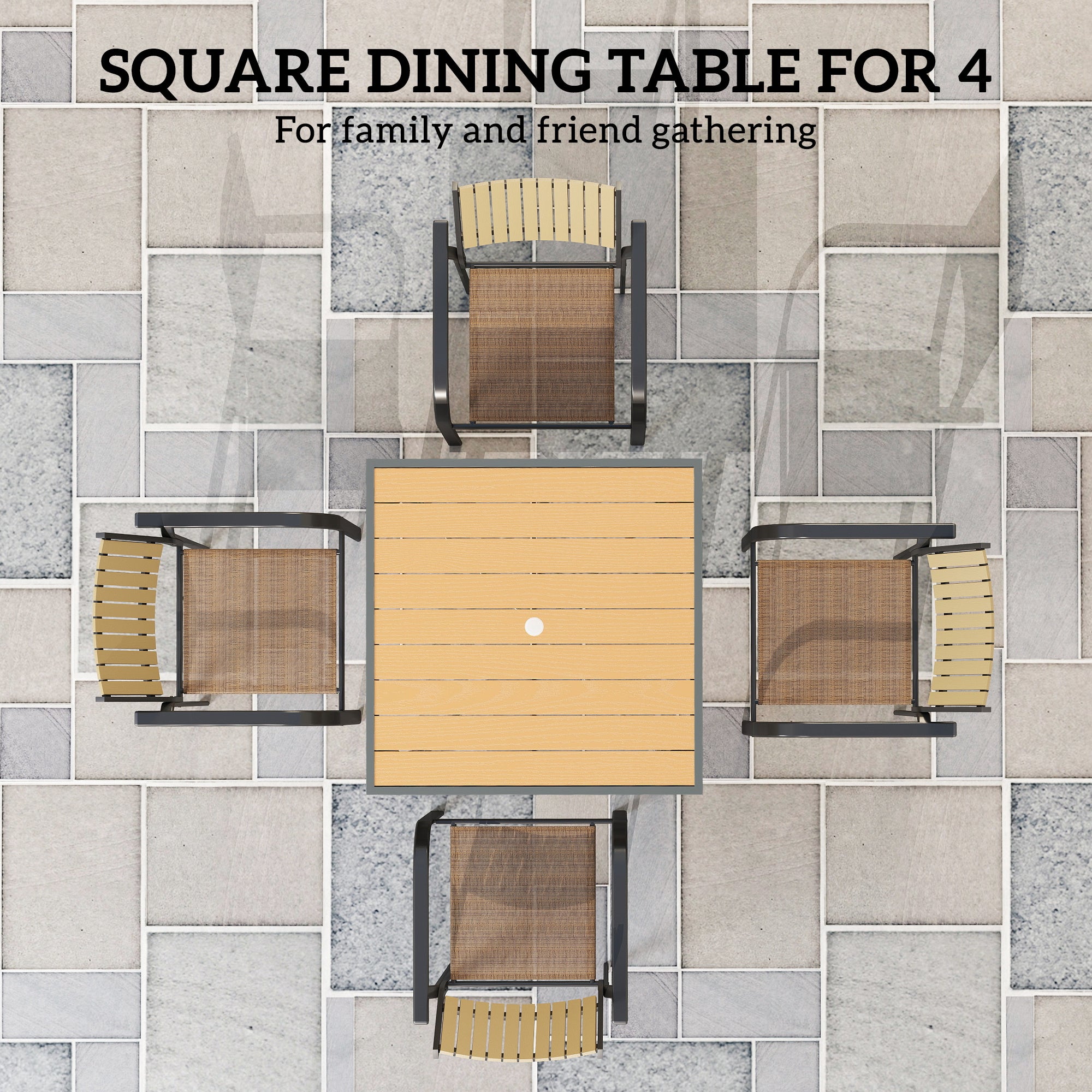 Outsunny Garden Table for 4, 90 cm Rectangular Outdoor Dining Table with 4.2 cm Umbrella Hole, Wood Effect Top, Rust Resistant Frame, for Patio, Balcony, Terrace, Natural Wood Finish