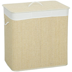 HOMCOM 3 Section Laundry Basket with Lid, 144L Bamboo Laundry Hamper with Handles, Removable and Washable Liner, Cream White