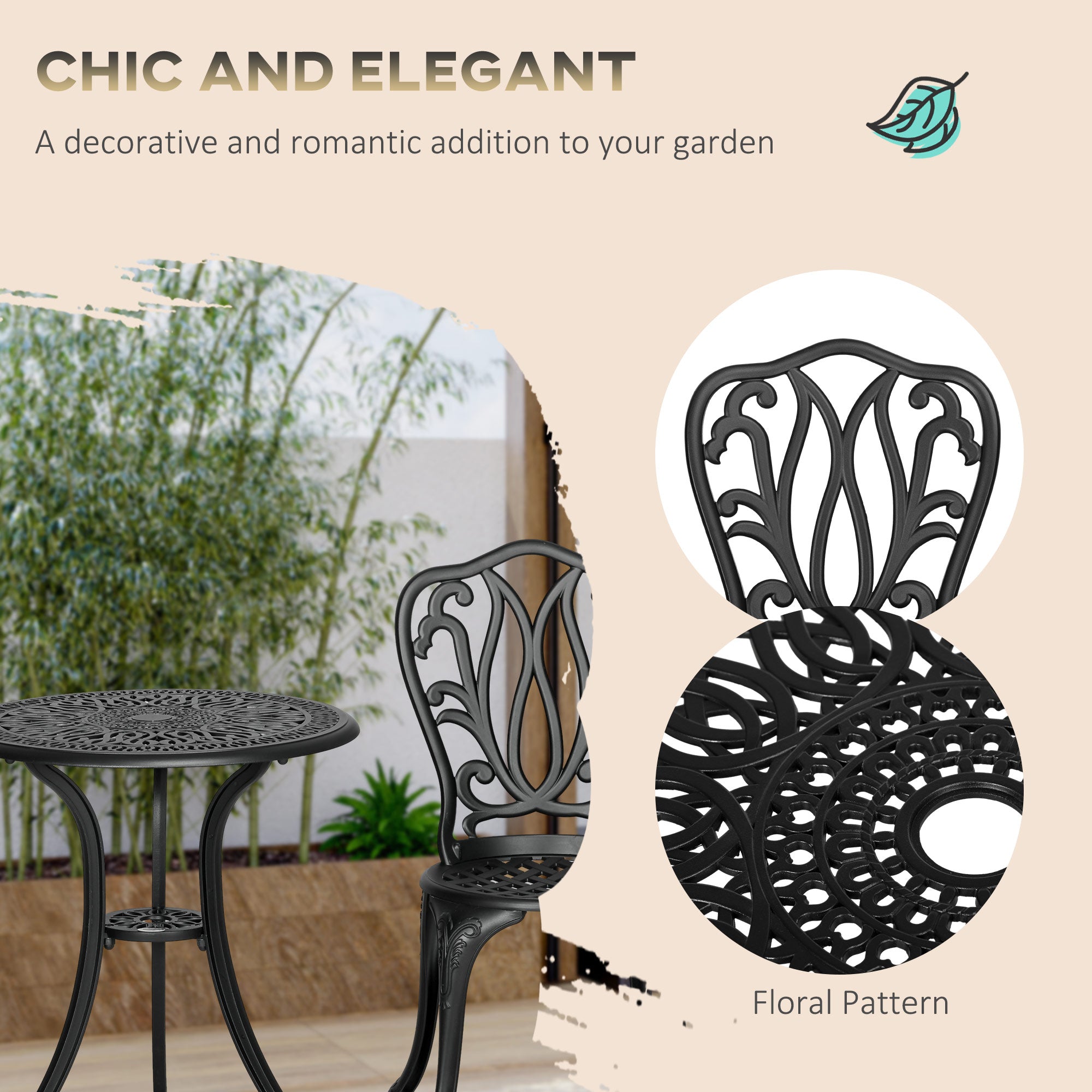 Outsunny 3 Piece Garden Bistro Set, Cast Aluminium Outdoor Furniture Set with Umbrella Hole for Balcony, Porch, Patio, Black