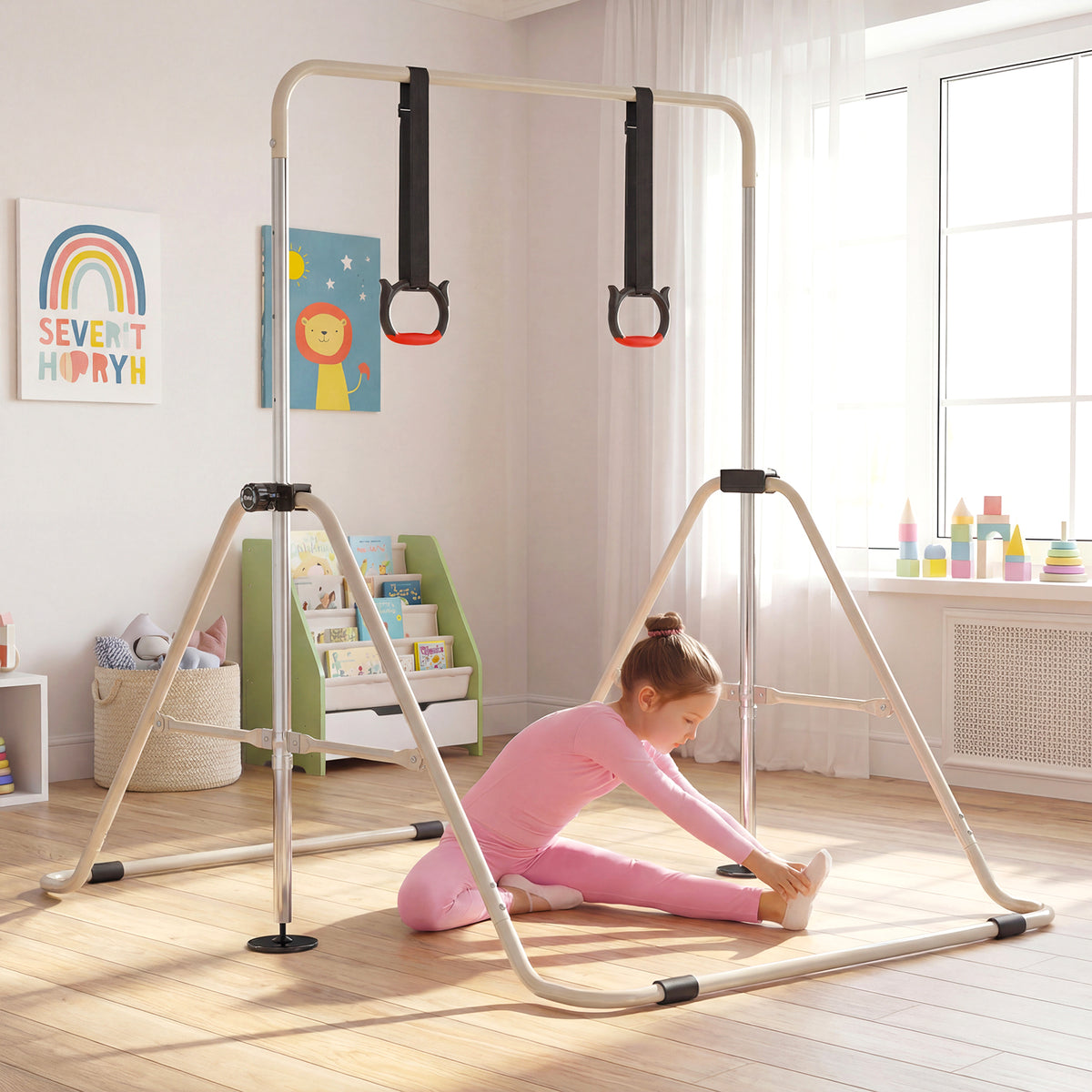 Expandable Gymnastic Bar for Kids 4-Level Height Adjustable Gymnastic Bar-Beige