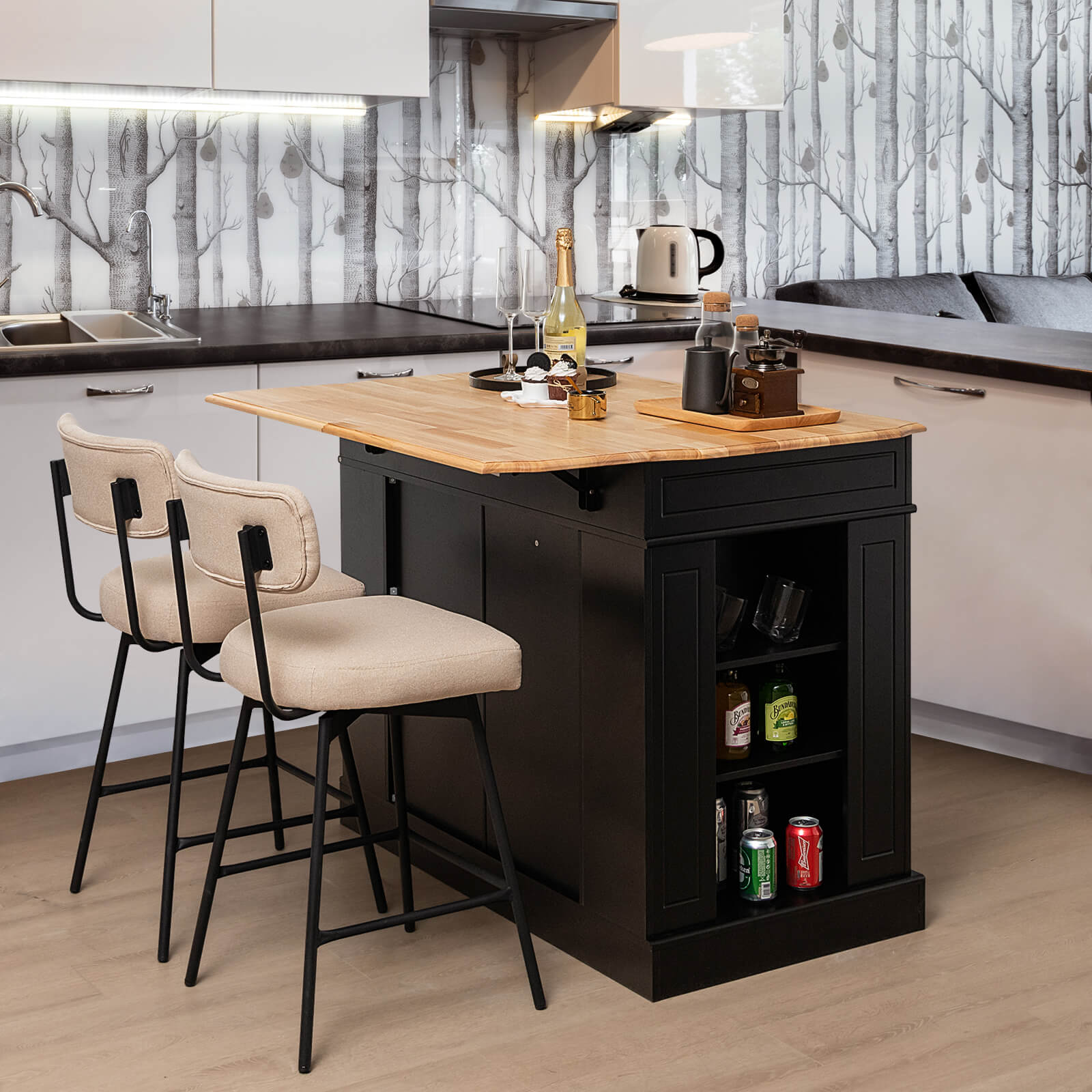 Drop-Leaf Kitchen Island with Extendable Worktop and Adjustable Shelves-Black