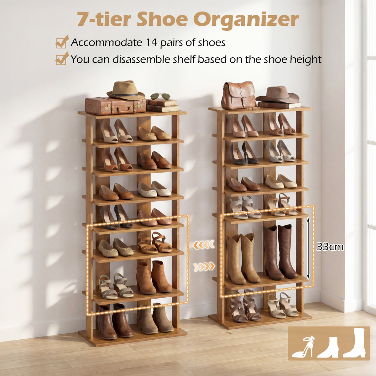 Extra Wide Wooden Vertical Shoe Rack with 7 Shelves-Natural