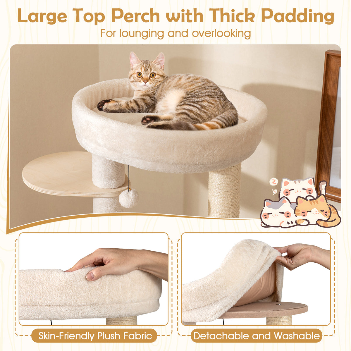 Extra Large Wooden Cat Tree with Cat Condo and Washable Cushions-Natural