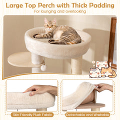 Extra Large Wooden Cat Tree with Cat Condo and Washable Cushions-Natural