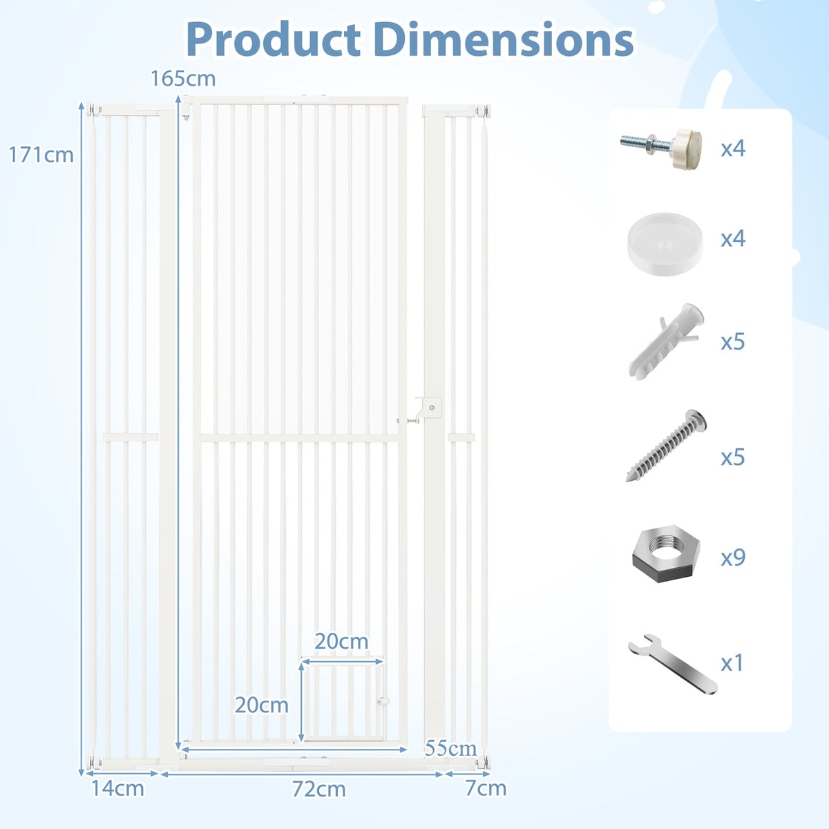 171 cm Extra Tall Pet Gate Heavy-Duty Metal Cat Gate with Wide Opening-White