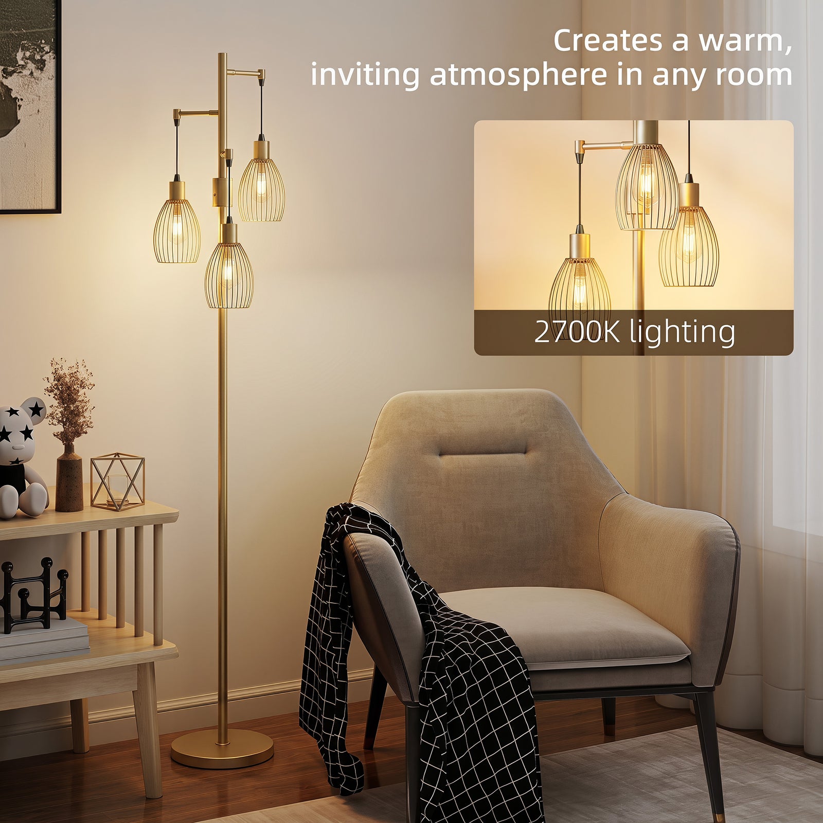 HOMCOM 170.5cm Industrial Dimmable Standing Lamp, 3-Light Floor Lamp with Steel Wire Cage Lampshades, Gold Tone