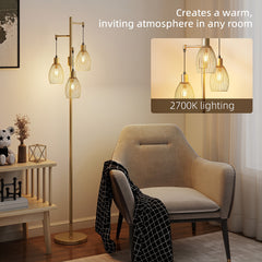 HOMCOM 170.5cm Industrial Dimmable Standing Lamp, 3-Light Floor Lamp with Steel Wire Cage Lampshades, Gold Tone