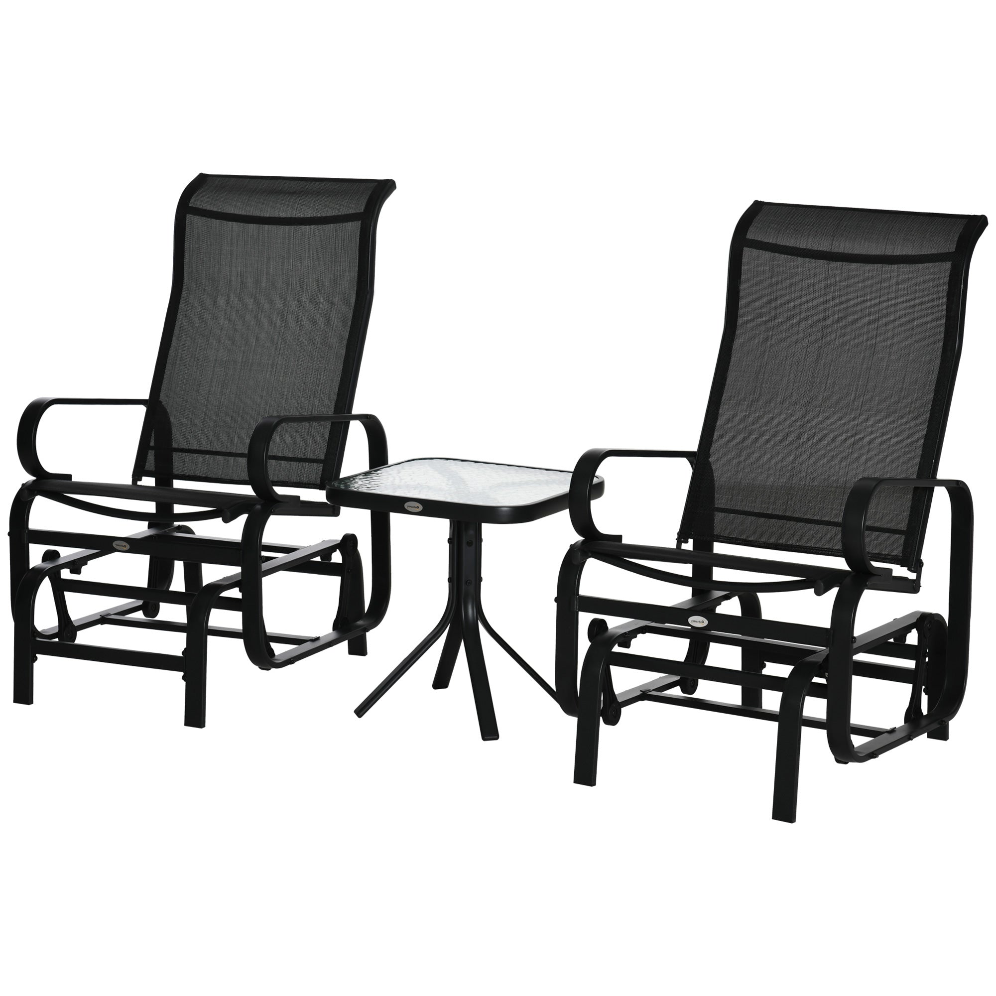 Outsunny 3 Pieces Garden Gliding Chair Set, Metal Frame 2 Single Armchair Swing Seater and 1 Glass Top Coffee Table w/ Breath Mesh Fabric Seat, Black