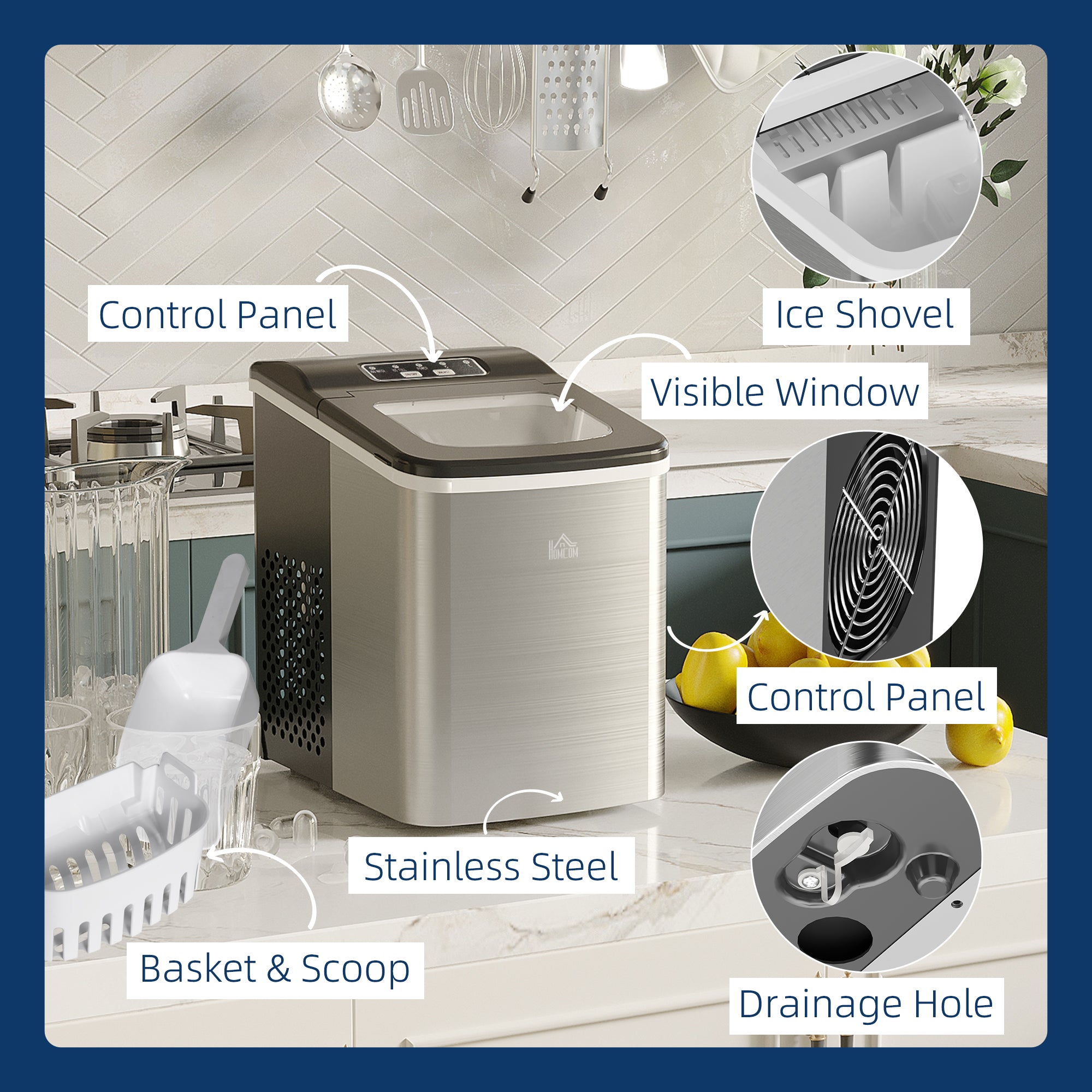 HOMCOM Ice Maker Machine Countertop, 9 Ice Cubes in 8 Mins, 12KG in 24Hrs, Self-Cleaning Portable Ice Cube Maker with Ice Scoop and Basket, Stainless Steel, No Plumbing Required, Black