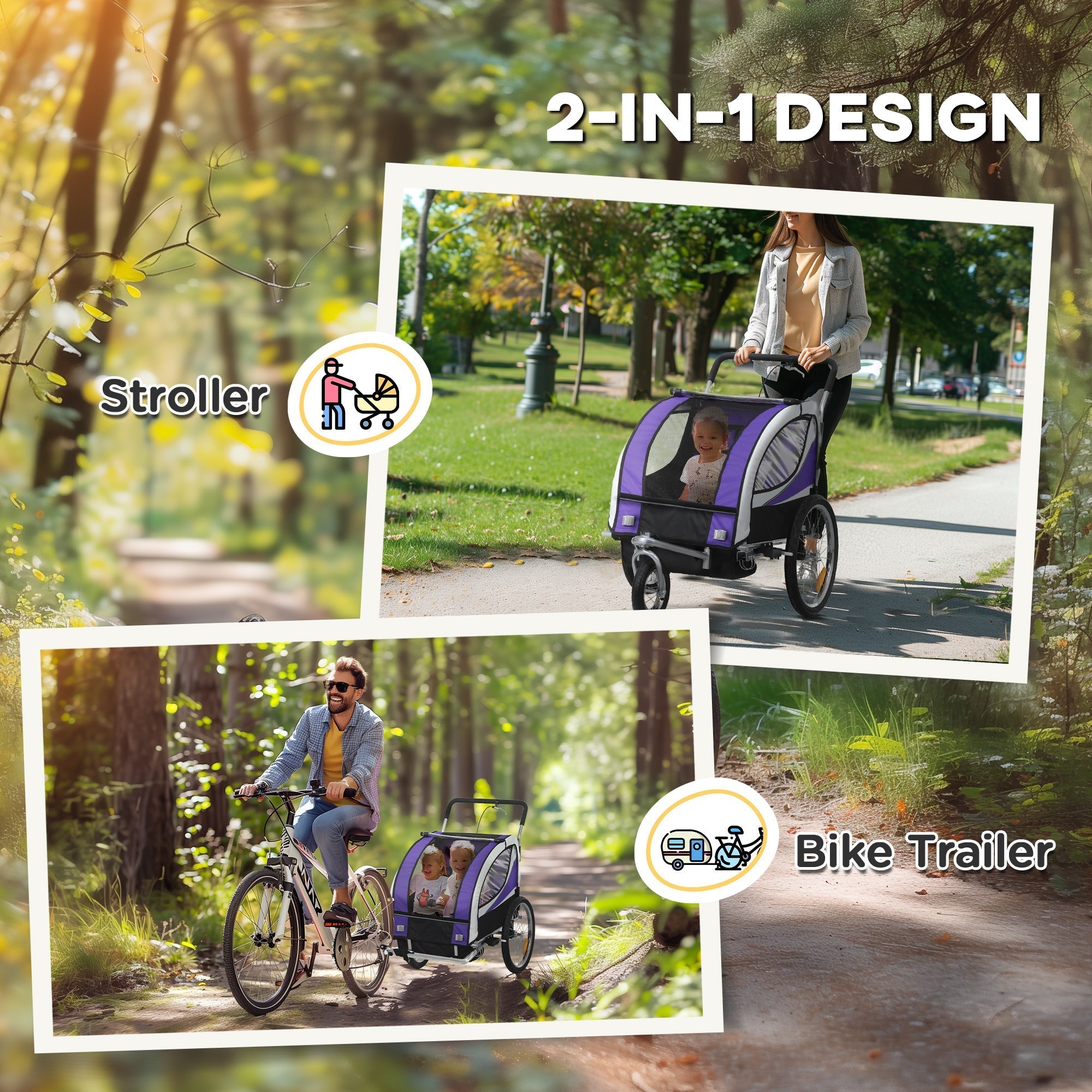 HOMCOM Baby Bike Trailer with 5 Point Harness, Steel Frame, Reflectors, Safety Flag, Hitch Coupler, Purple