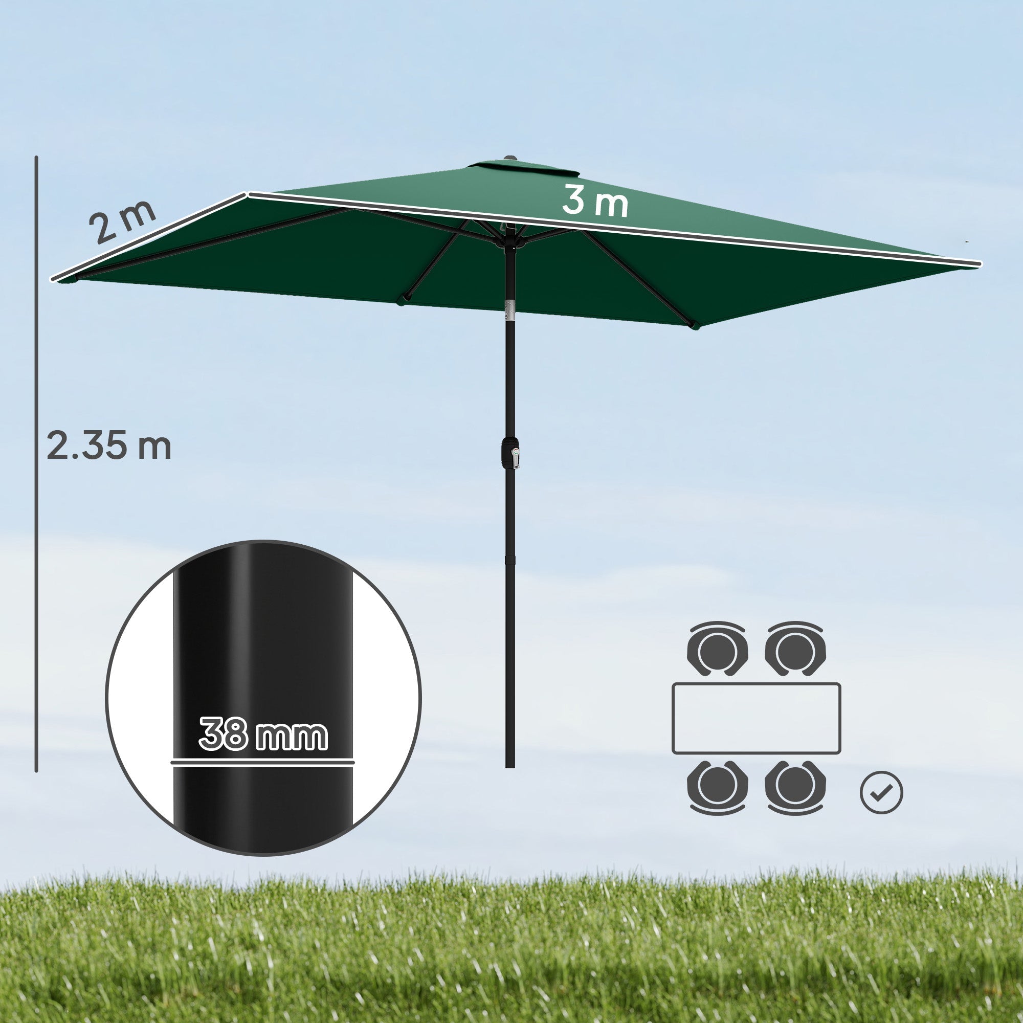 Outsunny Garden Parasol, Parasol Umbrella with Crank Handle, Tilt Function, Polyester Canopy, Green