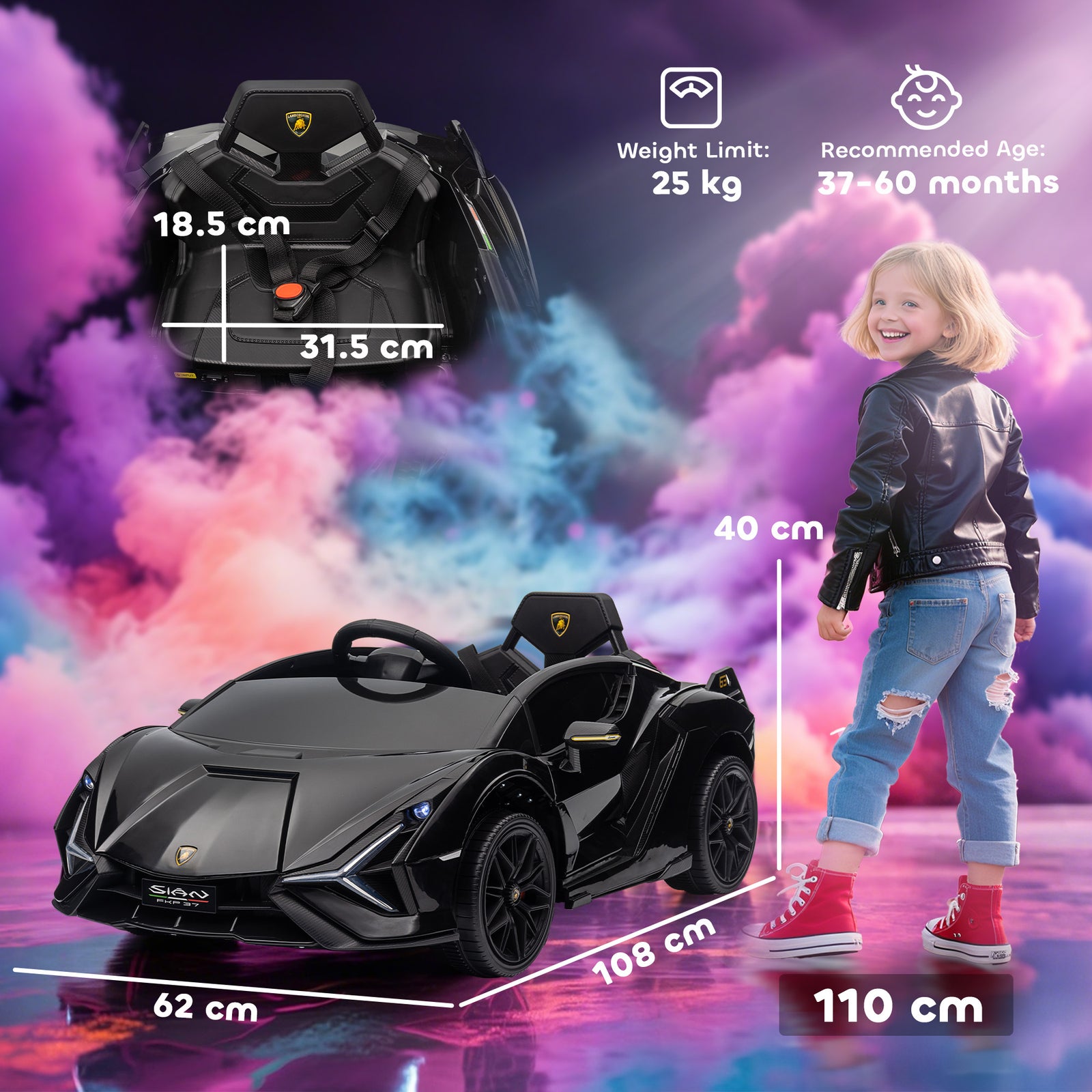 HOMCOM Lamborghini Sian Licensed Electric Car for Kids, 12V Kids Electric Ride on Car with Dual Motors, Remote Control, Black