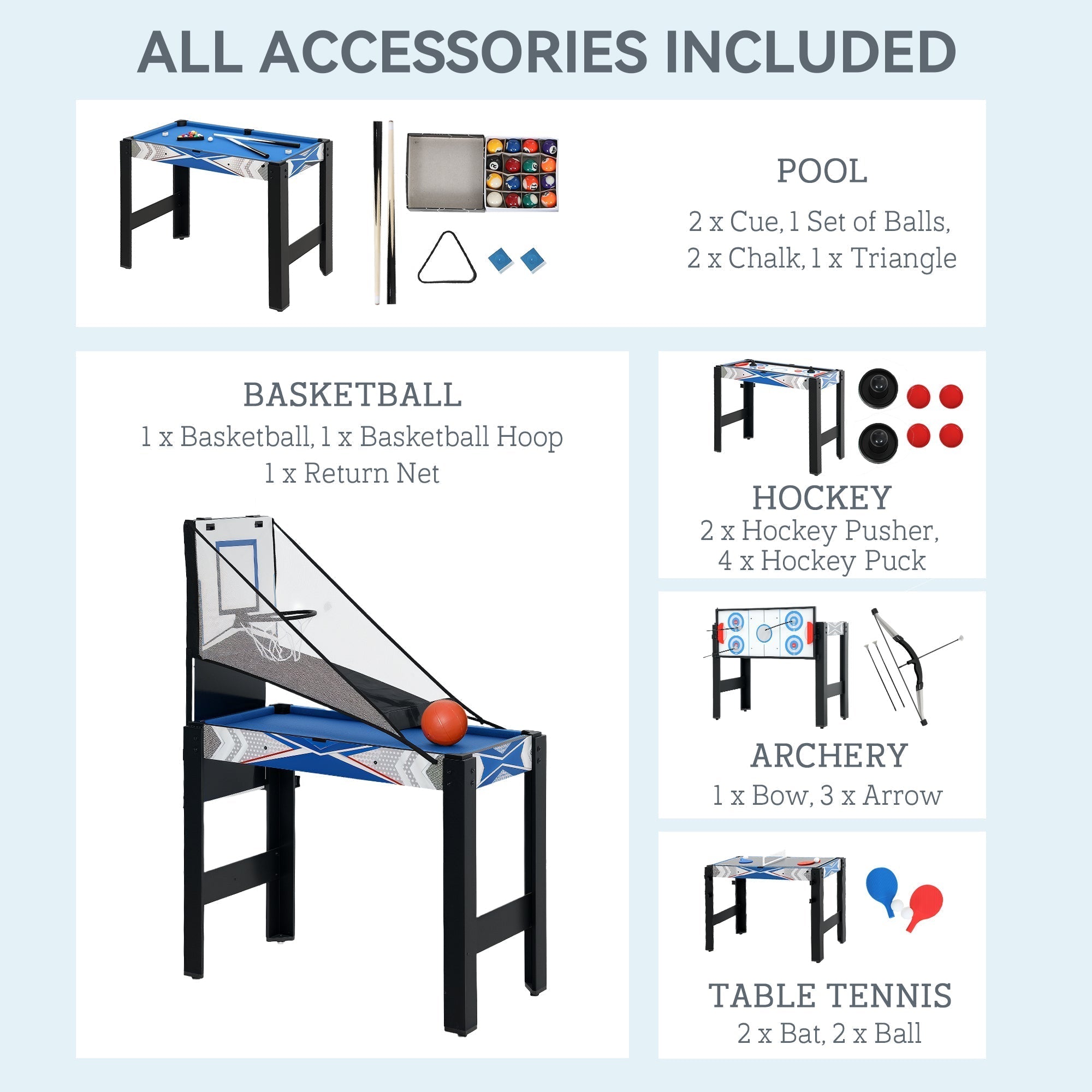 SPORTNOW 5-in-1 Multi Games Table, with Pool, Table Tennis, Basketball, Hockey, Archery, Blue