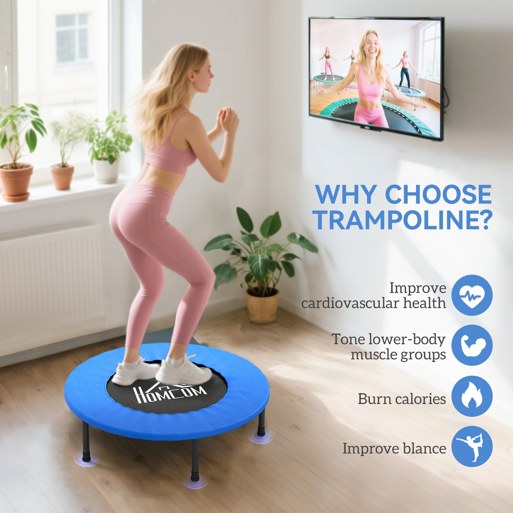 HOMCOM 32" Mini Fitness Trampoline Home Gym Yoga Exercise Rebounder Indoor Outdoor Jumper with Safety Pad, Support Up to 100 KG, Blue and Black