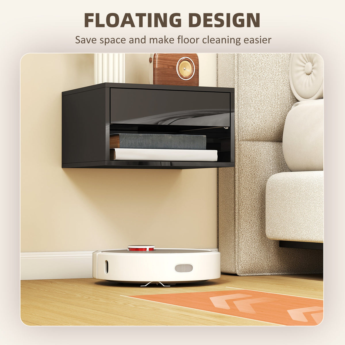 HOMCOM Floating Bedside Tables Set of 2, Wall Mounted Nightstand, High Gloss Black