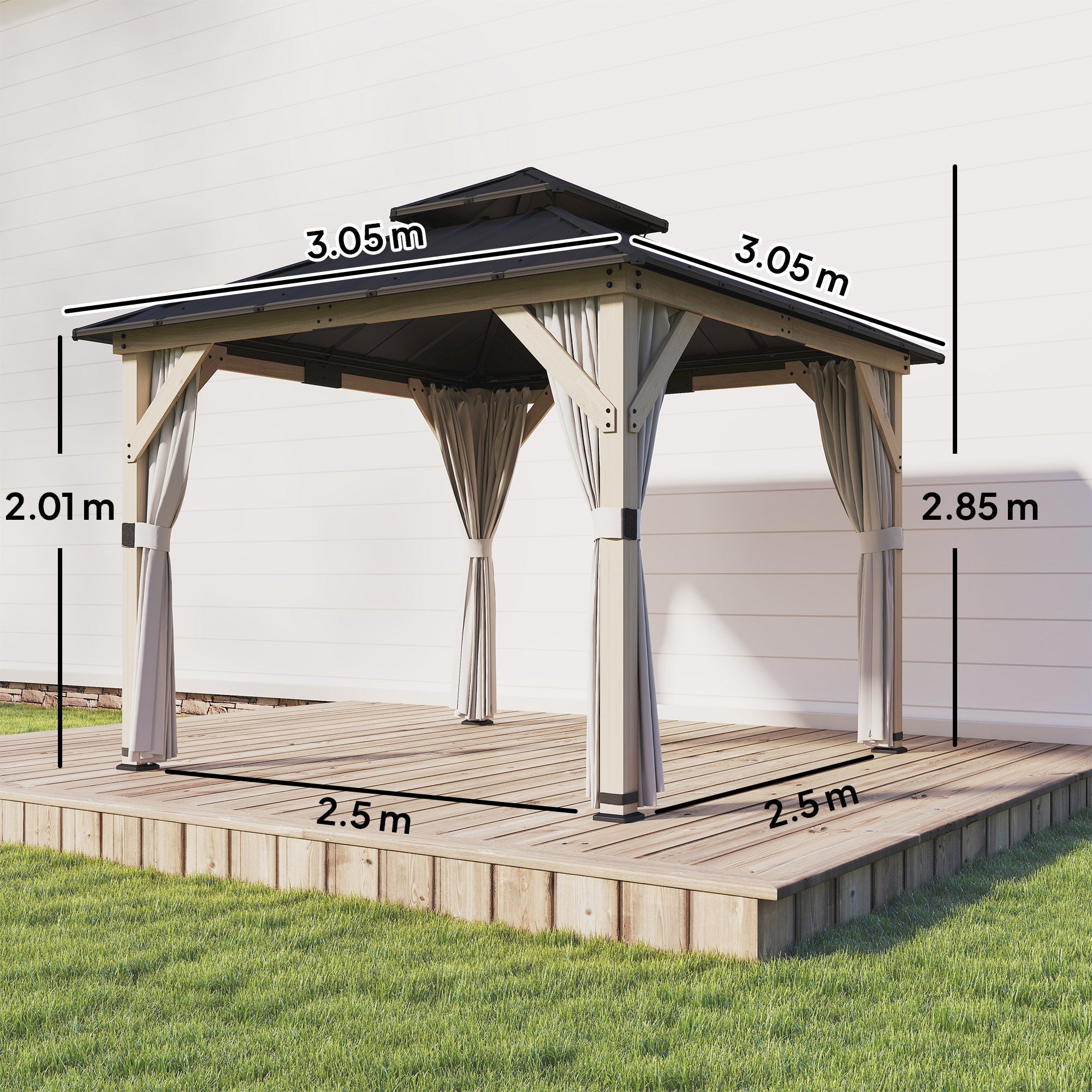 Outsunny 3 x 3 m Outdoor Hardtop Gazebo Canopy with 2-Tier Steel Roof, Wood Garden Gazebo with Curtains, Light Grey