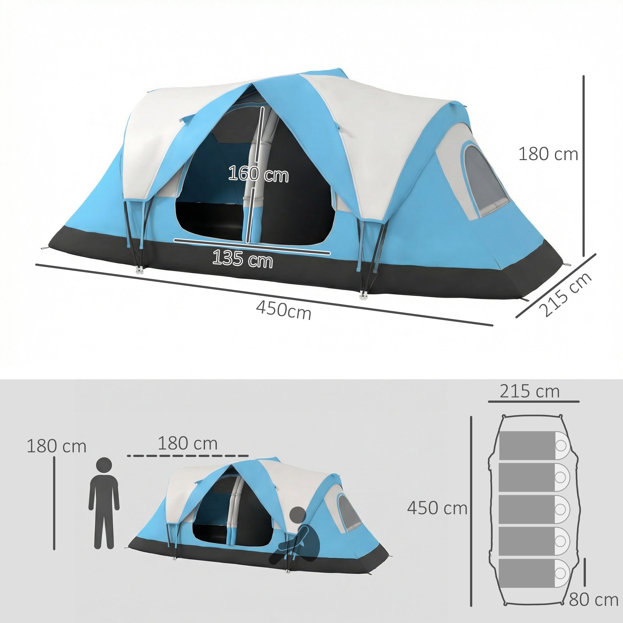 Outsunny Camping Tent for 6-8 Man with 2000mm Waterproof Rainfly and Carry Bag for Fishing Hiking Festival, Sky Blue