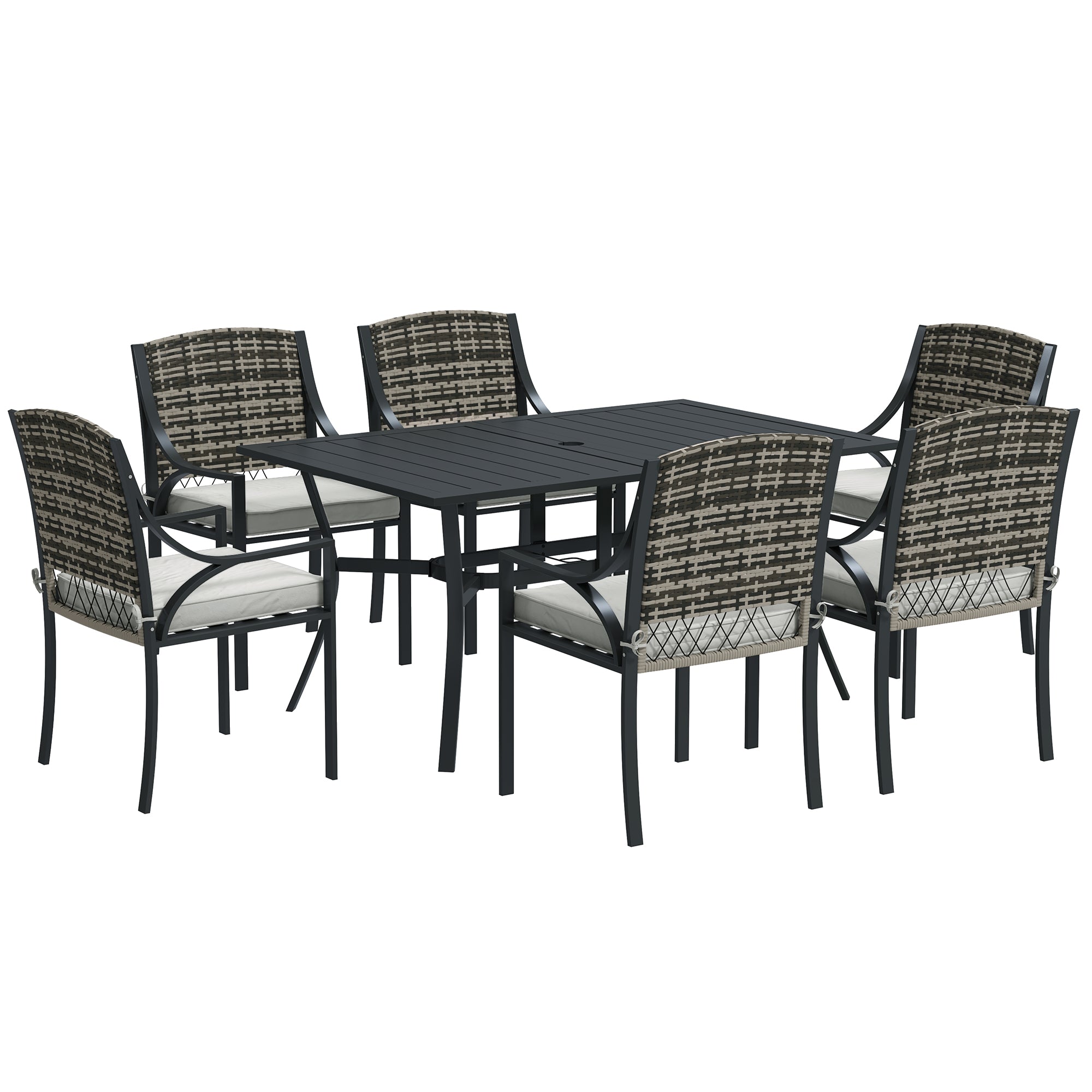 Outsunny Rattan Garden Furniture Set with Cushions, 6 Seater Rattan Dining Set with 6 Armchairs, 150 x 96cm Rectangular Table, Umbrella Hole, for Outdoor, Patio, Balcony, Terrace, Conservatory