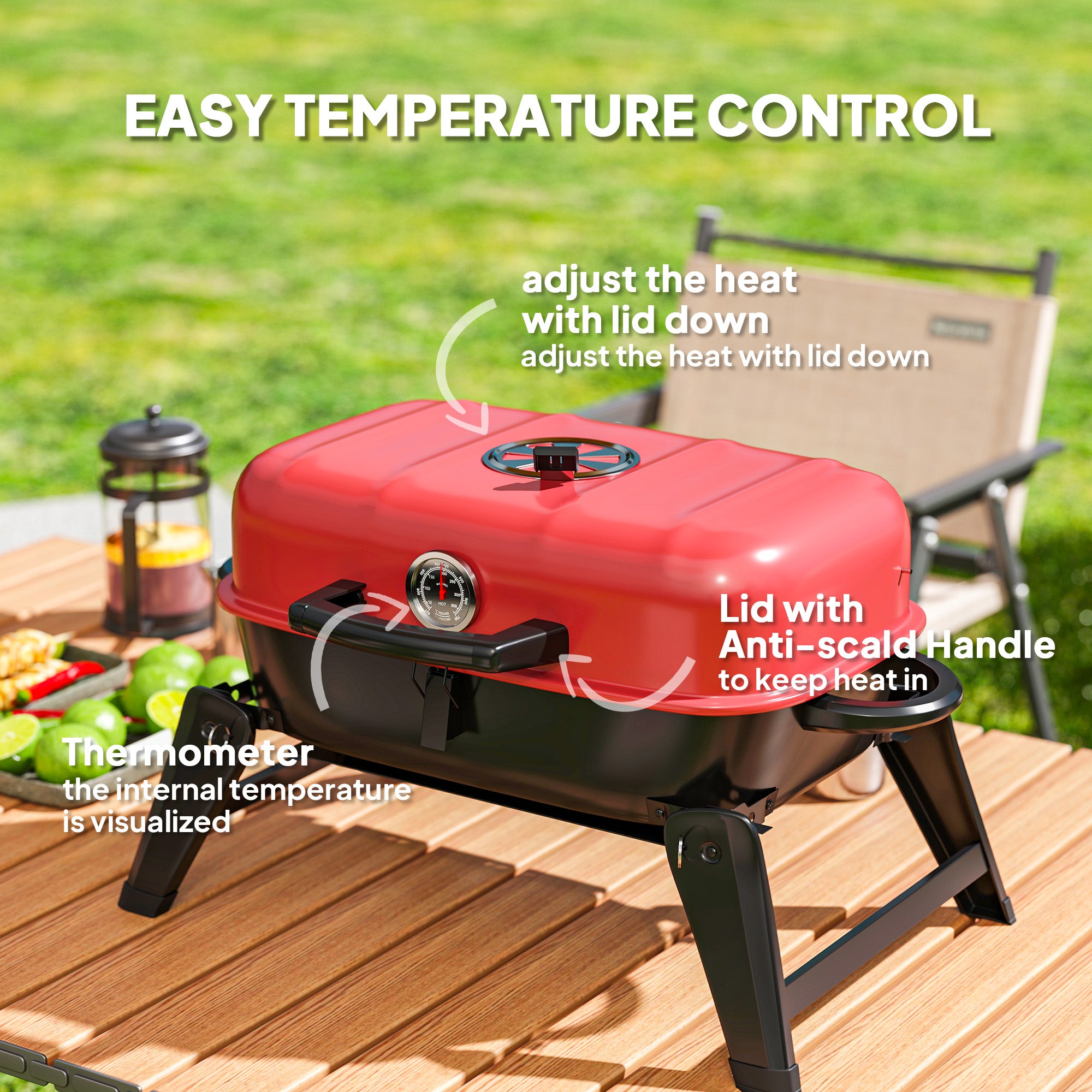 Outsunny Charcoal Barbecue Grill Folding BBQ Grill with 1232 cm√Ç¬≤ Cooking Area, Adjustable Vent, Thermometer, Handles for Camping Picnic, Red