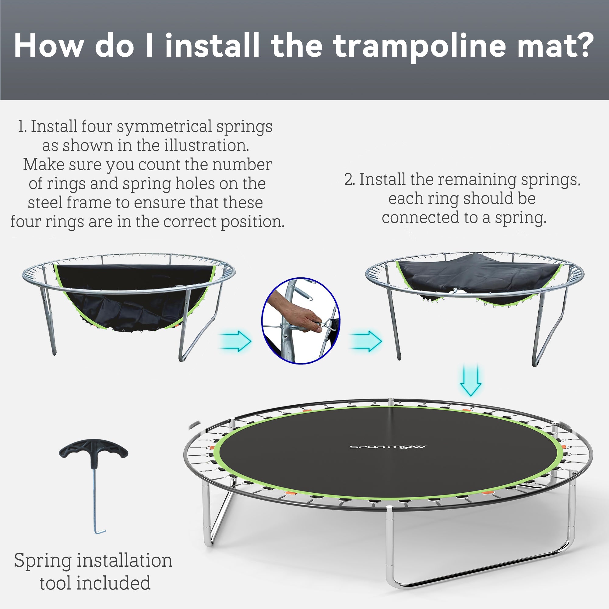 SPORTNOW Trampoline Replacement Mat with Spring Pull Tool, 42 V-Hooks, for 8ft Trampoline using 14cm Springs, Green