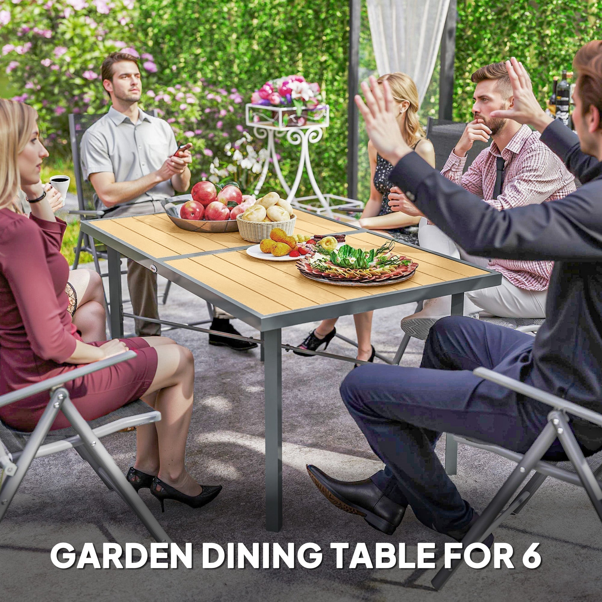 Outsunny Garden Table for 6, 150 cm Rectangular Outdoor Dining Table with 5 cm Umbrella Hole, Wood Effect Top, Rust Resistant Frame, for Patio, Balcony, Terrace, Natural Wood Finish