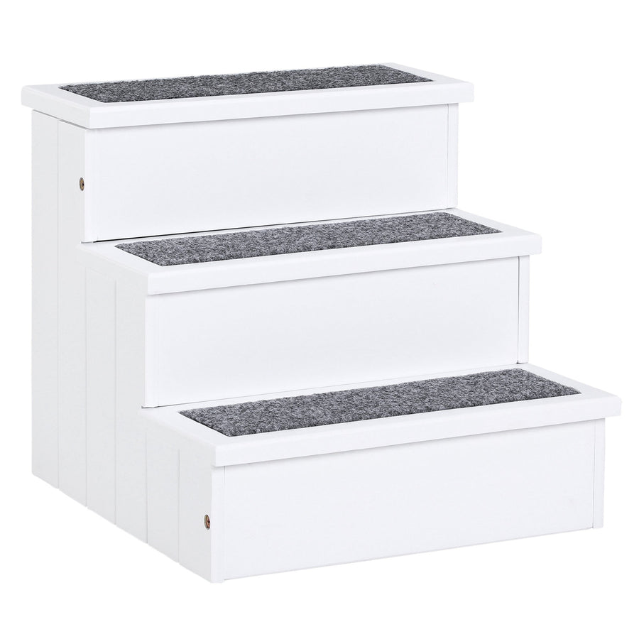 PawHut 3 Step Wooden Dog Steps Pet Stairs for Dogs, Cat Ladder for Bed Couch with Storage White