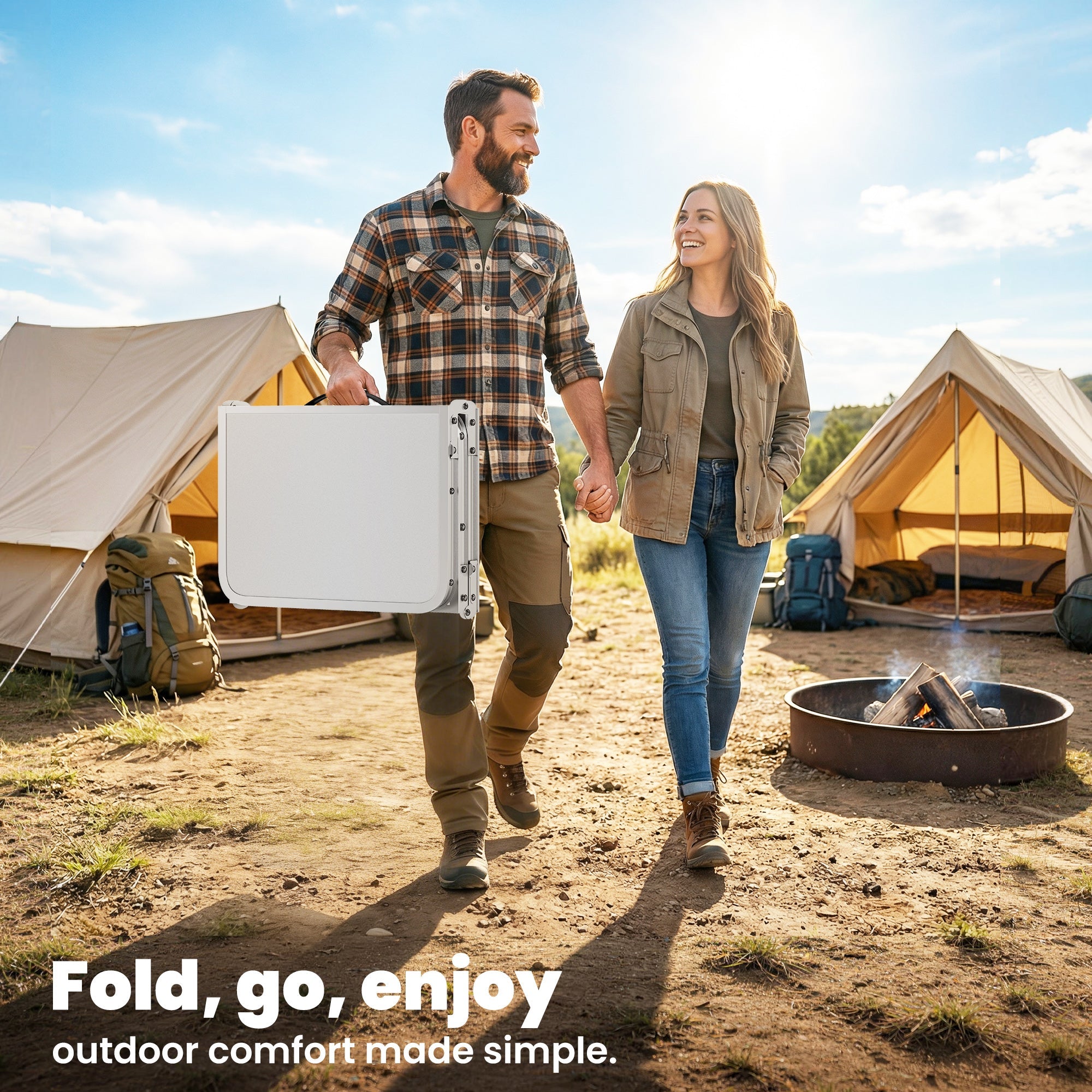 Outsunny 3ft Folding Camping Table, Picnic Table with Mesh Storage Layer, Carrying Bag and Metal Frame, Cream White