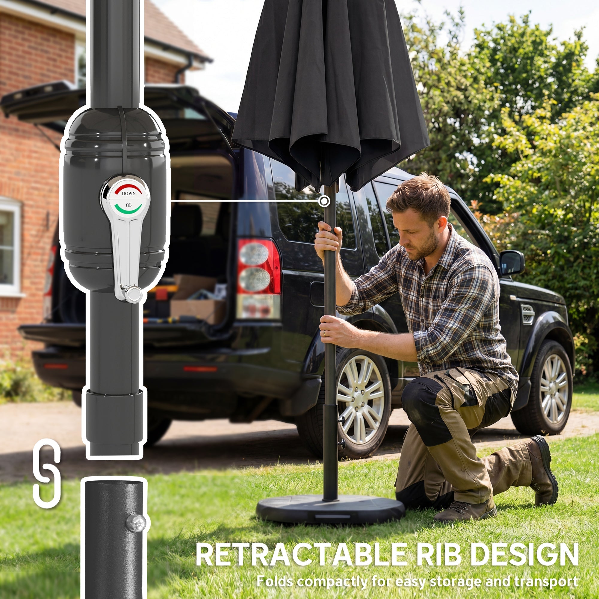 Outsunny 2.7 m Garden Parasol Umbrella with Cross Base and Sandbag, Retractable Ribs, Outdoor Table Market Umbrella, Black