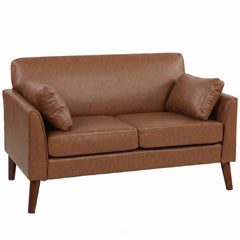 HOMCOM 2 Seater Sofa, 132 cm Modern Small Sofa with Solid Wood Legs and 2 Pillows for Small Space, Brown
