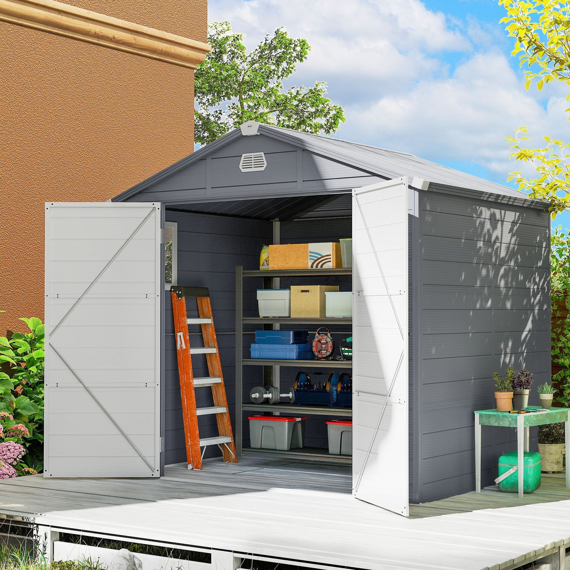 Outsunny 7.9ft x 6.2ft Aluminium Frame and Plastic Wall Shed, with Foundation - Grey
