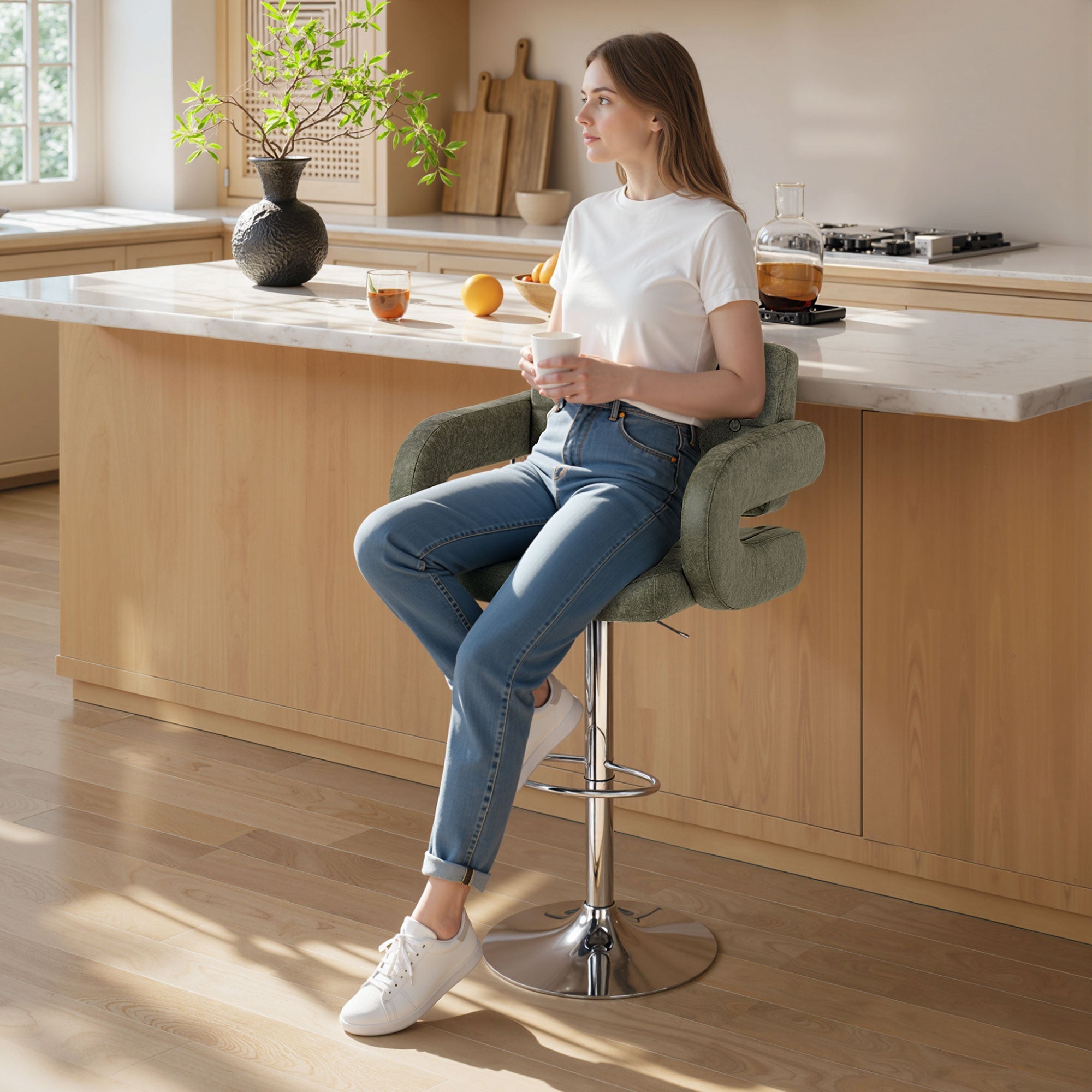 HOMCOM PU Leather Upholstered Swivel Bar Stool, Height Adjustable with Back, Armrest, Footrest, Green