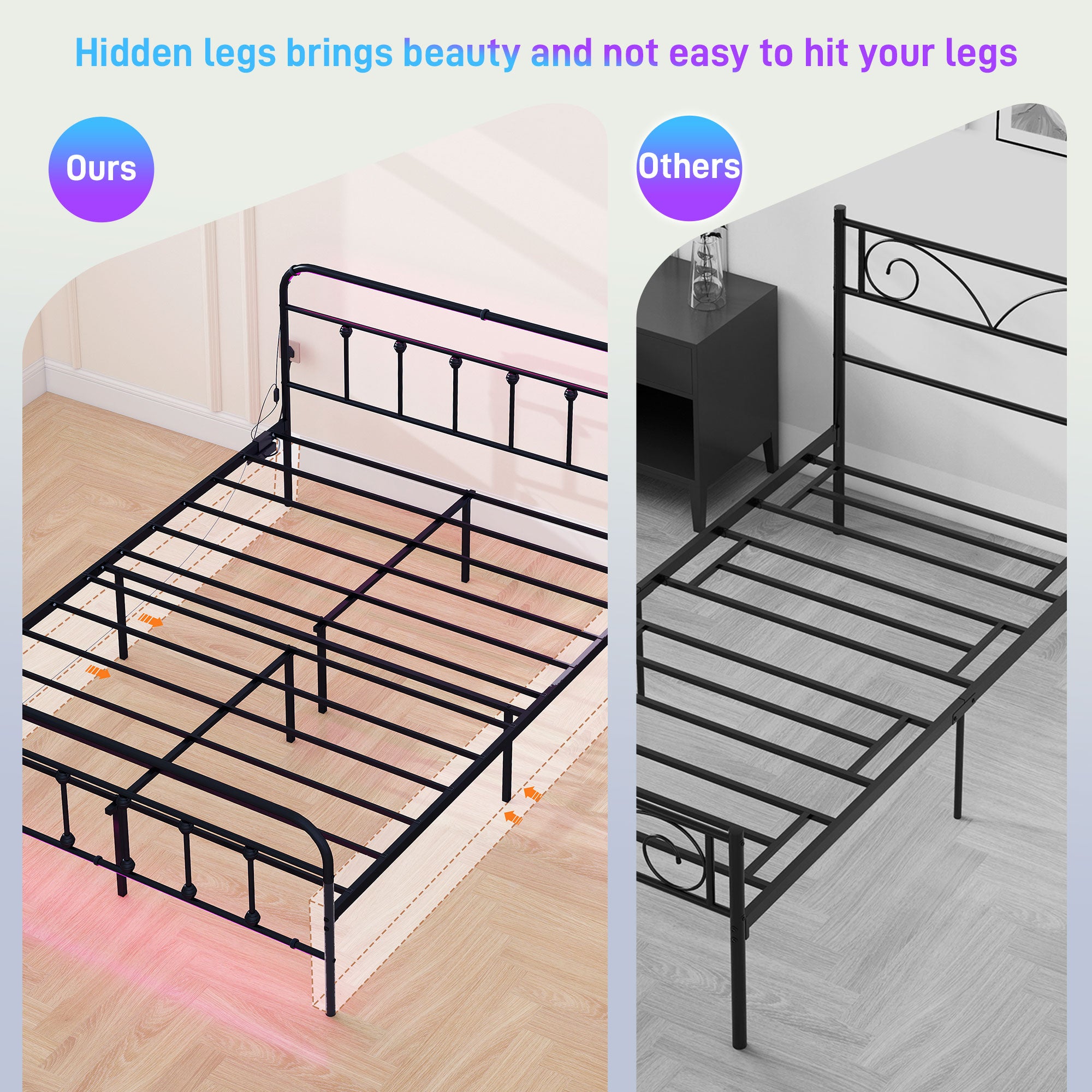 HOMCOM King Bed Frame with LED Lights and Charging Station, Metal Platform Bed Frame with Under Bed Storage, Black