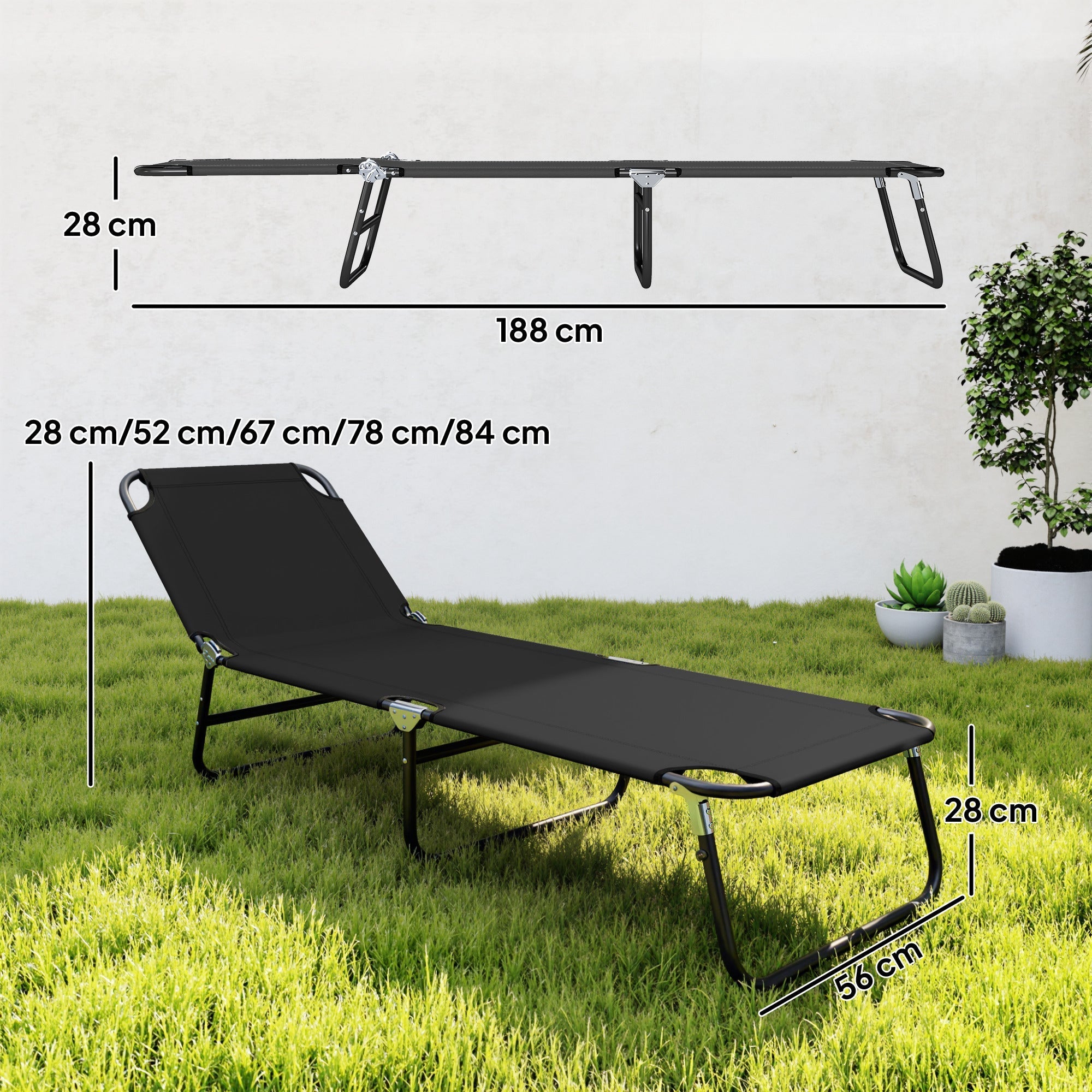 Outsunny Foldable Sun Lounger with 5-Position Adjustable Backrest, Outdoor Portable Recliner Chaise Lounge Chair with Breathable Mesh Fabric, Black