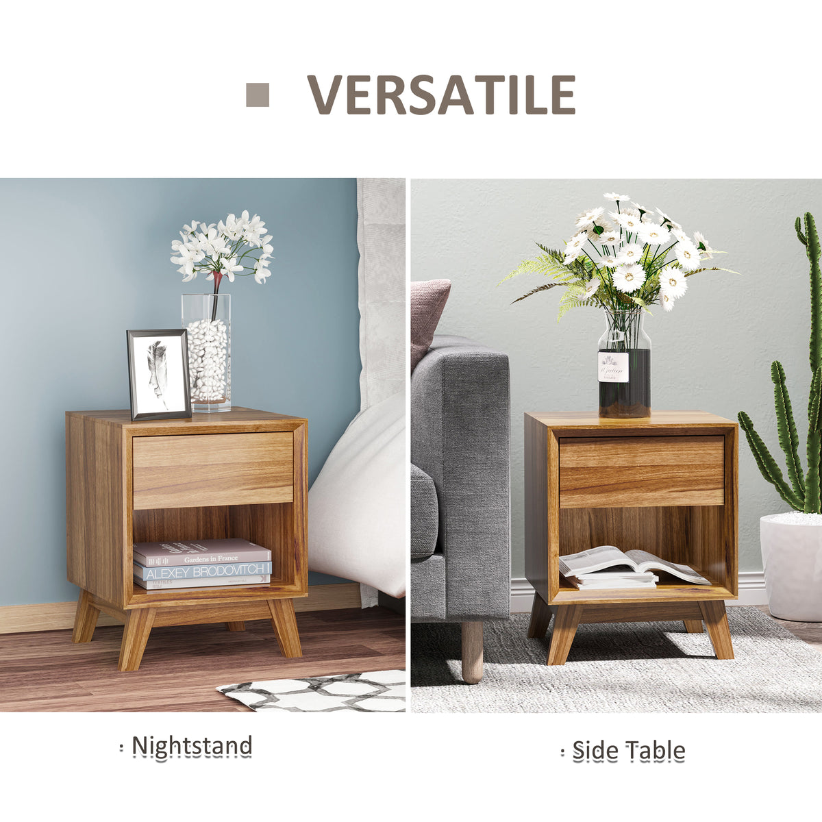 HOMCOM Modern Bedside Table Nightstand, Living Room End Table, Side Table with Drawer and Shelf, Walnut Brown